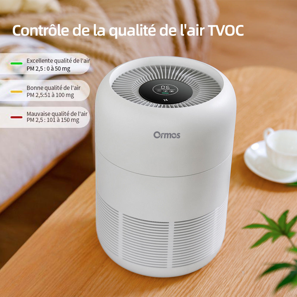 Ormos Purificateur d’air, CADR 150m³/h, Filtre HEPA H12 et charbon actif, capteur TVOC et PM2.5, pour chambre et salon