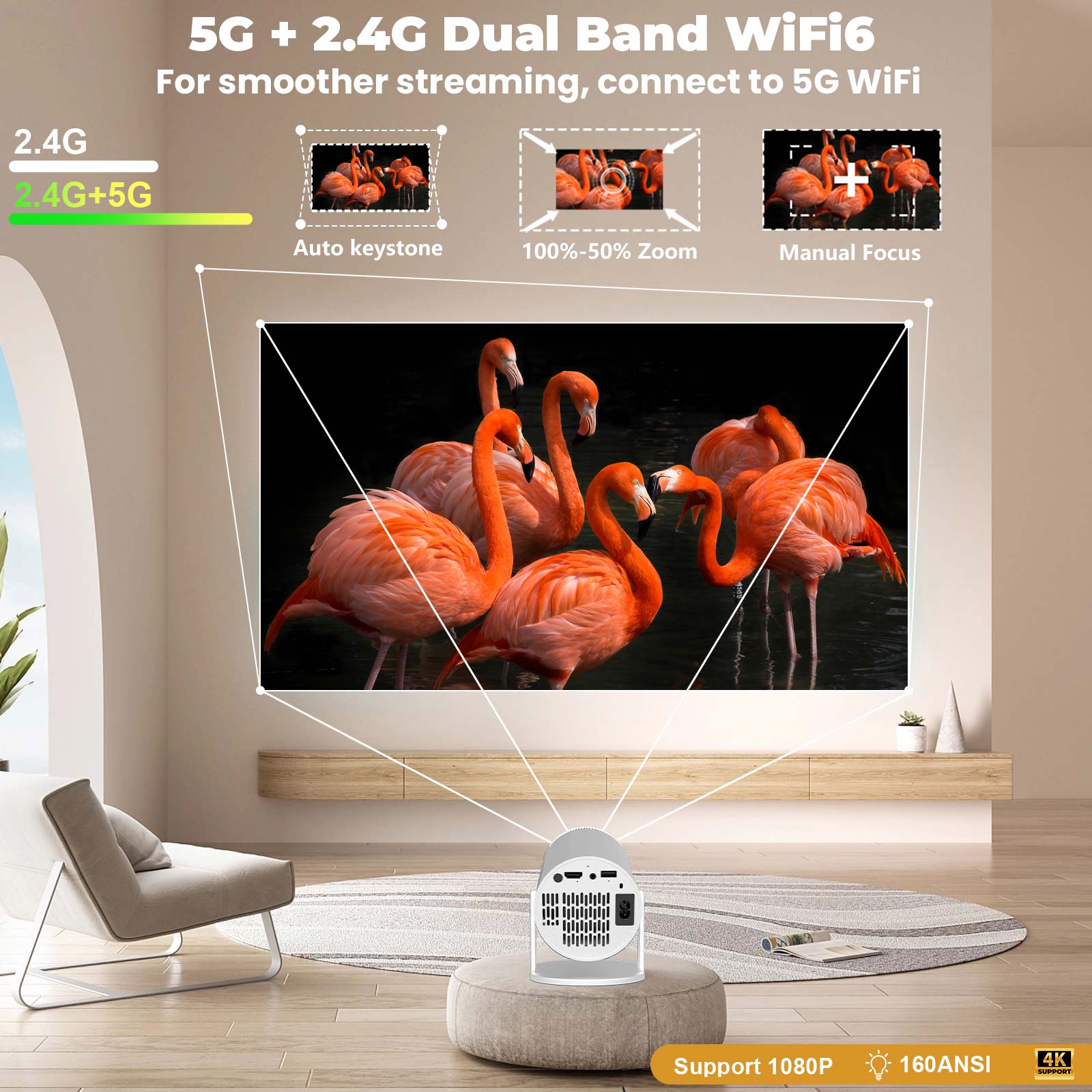XBJ Projecteur portable blanc avec WiFi 6 et Bluetooth 5.2, mini projecteur intelligent, HD 1080p (décodage 4K), système Android 11, correction trapézoïdale automatique + rotatif à 180°, 300 ANSI, écran 40-200 pouces pour chambre, intérieur/extérieur