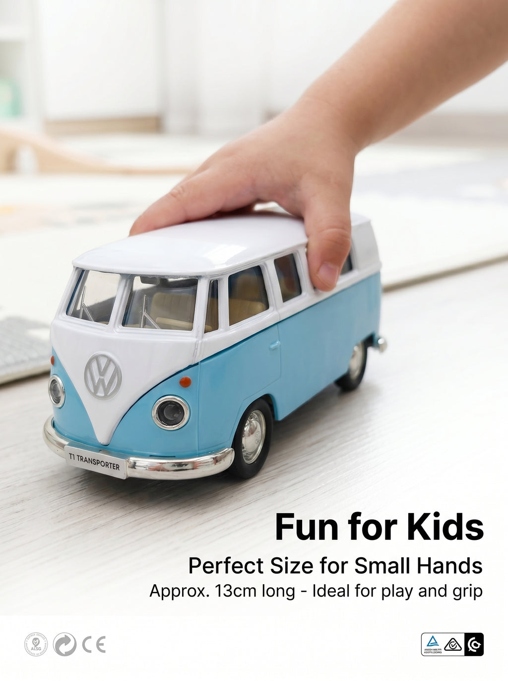 Modèle réduit 1:36 Volkswagen T1 – Bleu, portes ouvrantes, action à recul, voiture miniature moulée sous pression – jouet pour enfants, cadeau pour garçons, pièce de collection à exposer