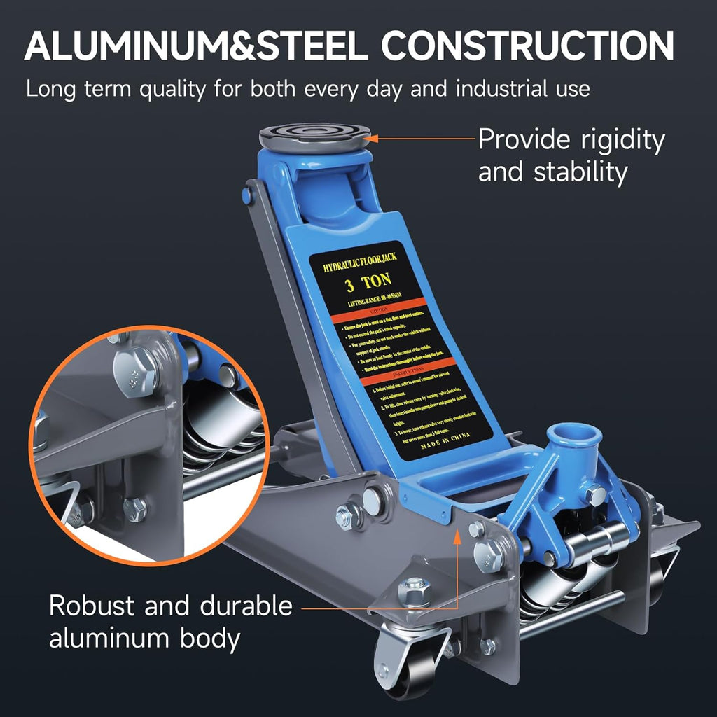 LARBANKE Cric rouleur hydraulique bas pour voiture 3 tonnes, Construction durable en aluminium et acier, Cric rouleur avec système à double pompe pour levage rapide, Capacité 6600 lb