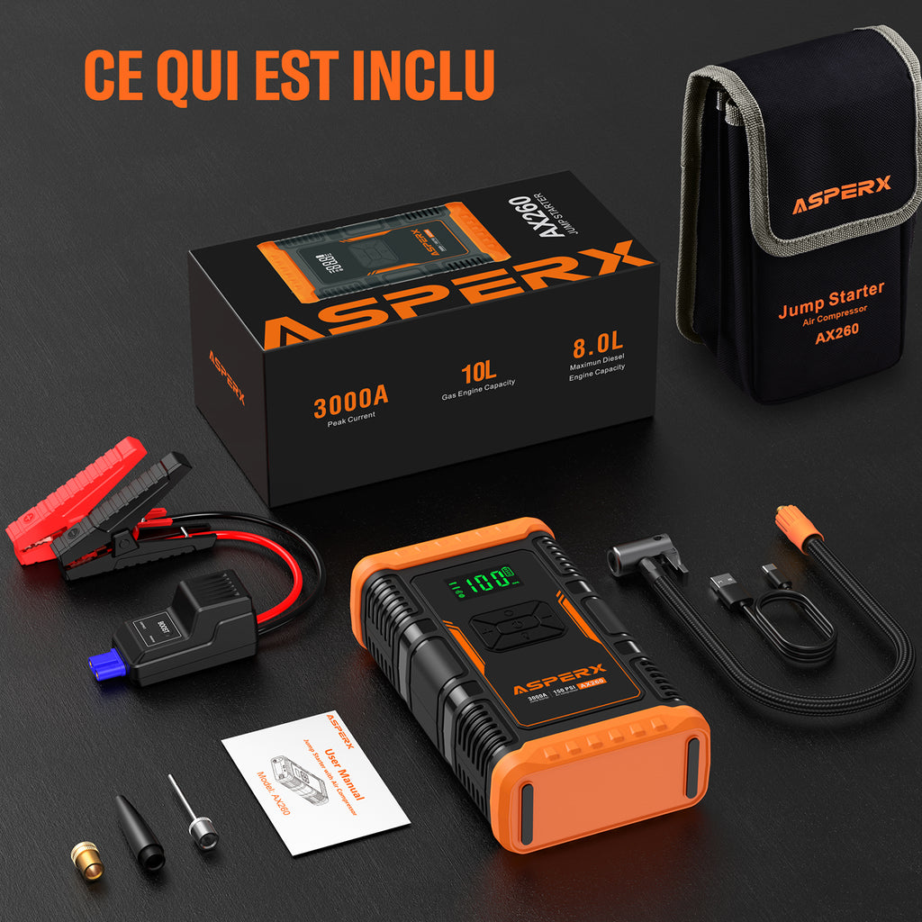 ASPERX Booster de Batterie avec Compresseur d’Air, Démarreur de Voiture 3000A 150PSI avec Lampe Torche LED et Câbles de Démarrage, pour Véhicules 12V, Motos et SUV (jusqu’à 10L Essence ou 8L Diesel)