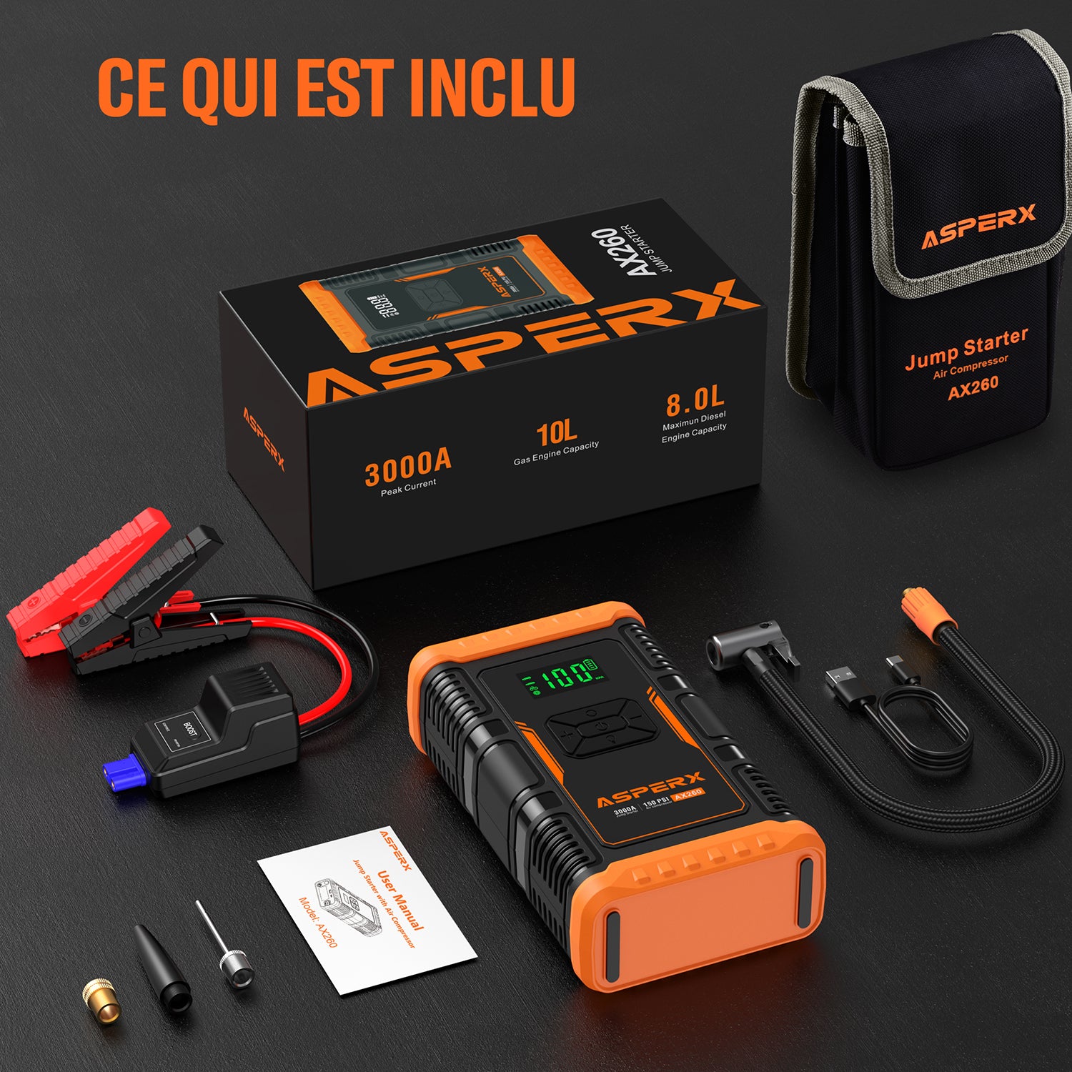 ASPERX Booster de Batterie avec Compresseur d’Air, Démarreur de Voiture 3000A 150PSI avec Lampe Torche LED et Câbles de Démarrage, pour Véhicules 12V, Motos et SUV (jusqu’à 10L Essence ou 8L Diesel)