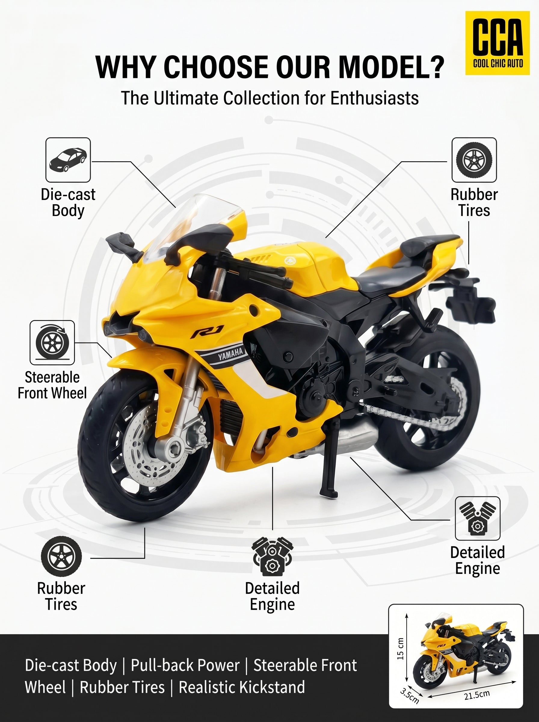 CCA 1:18 Moto modèle en métal coulé sous pression Yamaha YZF-R1 - Jaune, Suspension arrière fonctionnelle, Prêt à offrir, Détails réalistes, Parfait pour exposition sur bureau