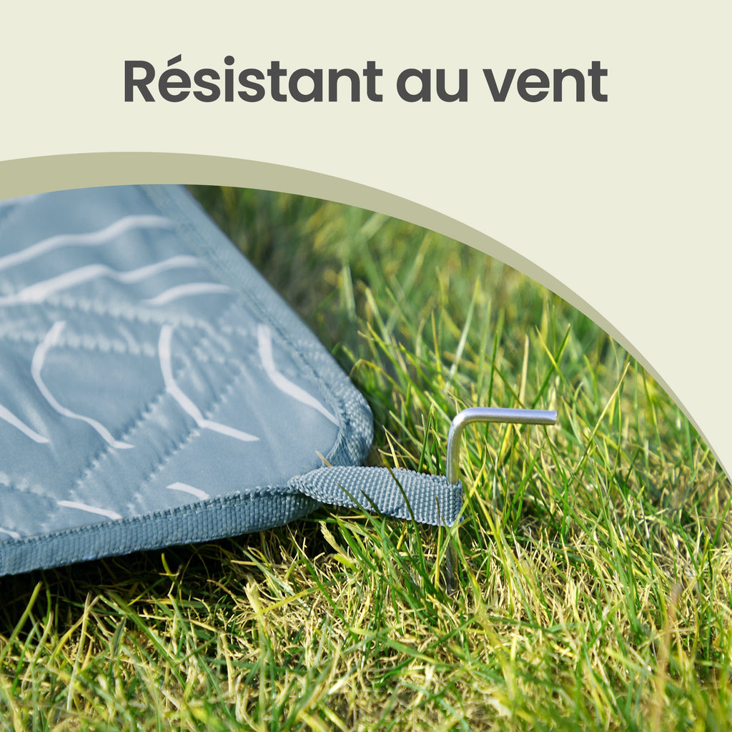 JOYFURNOS Couverture de Pique-nique, 200 x 200 cm, 4 Piquets de Sol, Hydrofuge, Lavable, Pliable, Bleu avec Motif