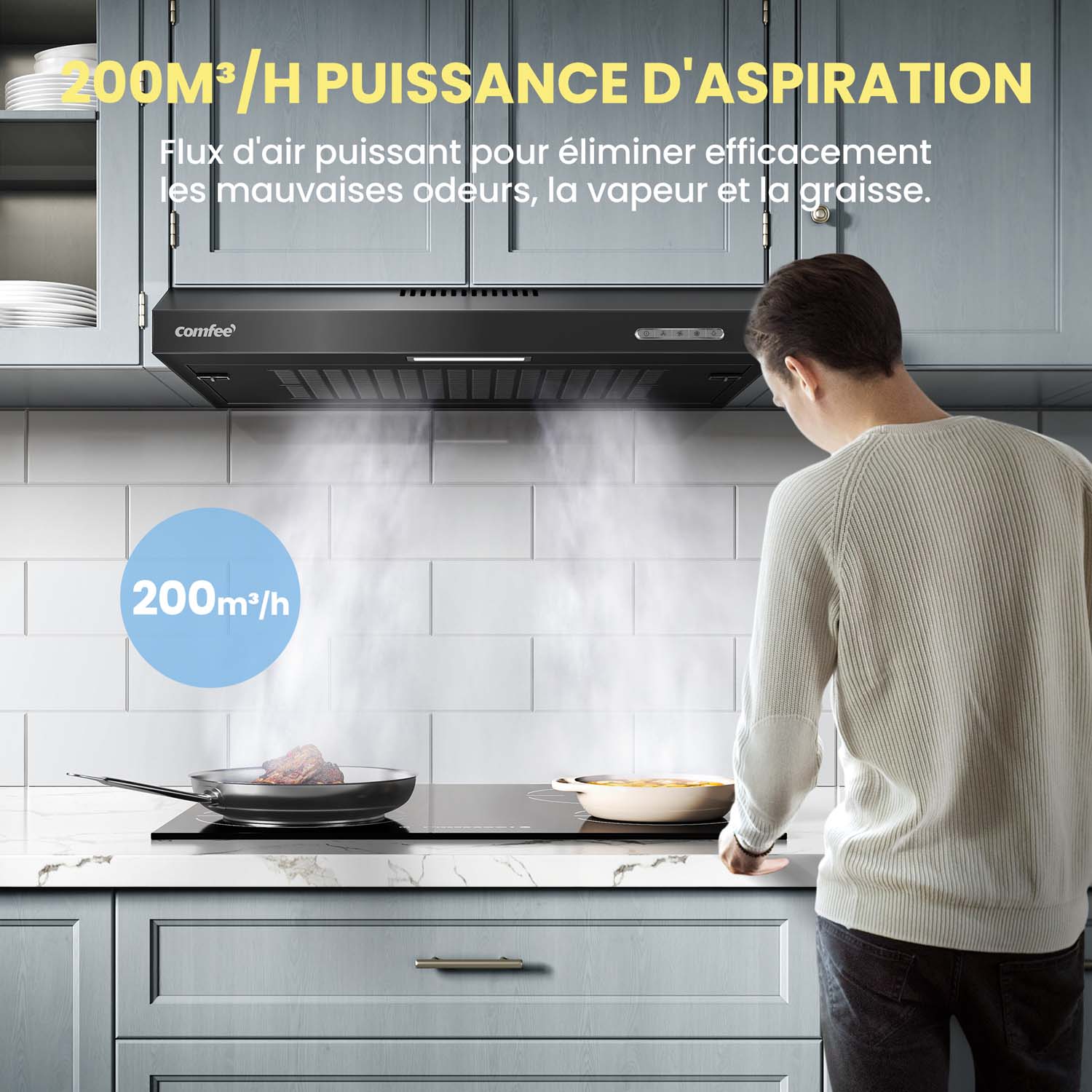 Comfee' Hotte aspirante LED KWH-SLIF17B-60, hotte aspirante sous meuble, hotte aspirante murale, hotte aspirante de cuisine, hotte aspirante à évacuation supérieure, 600 mm, acier inoxydable, 60 cm
