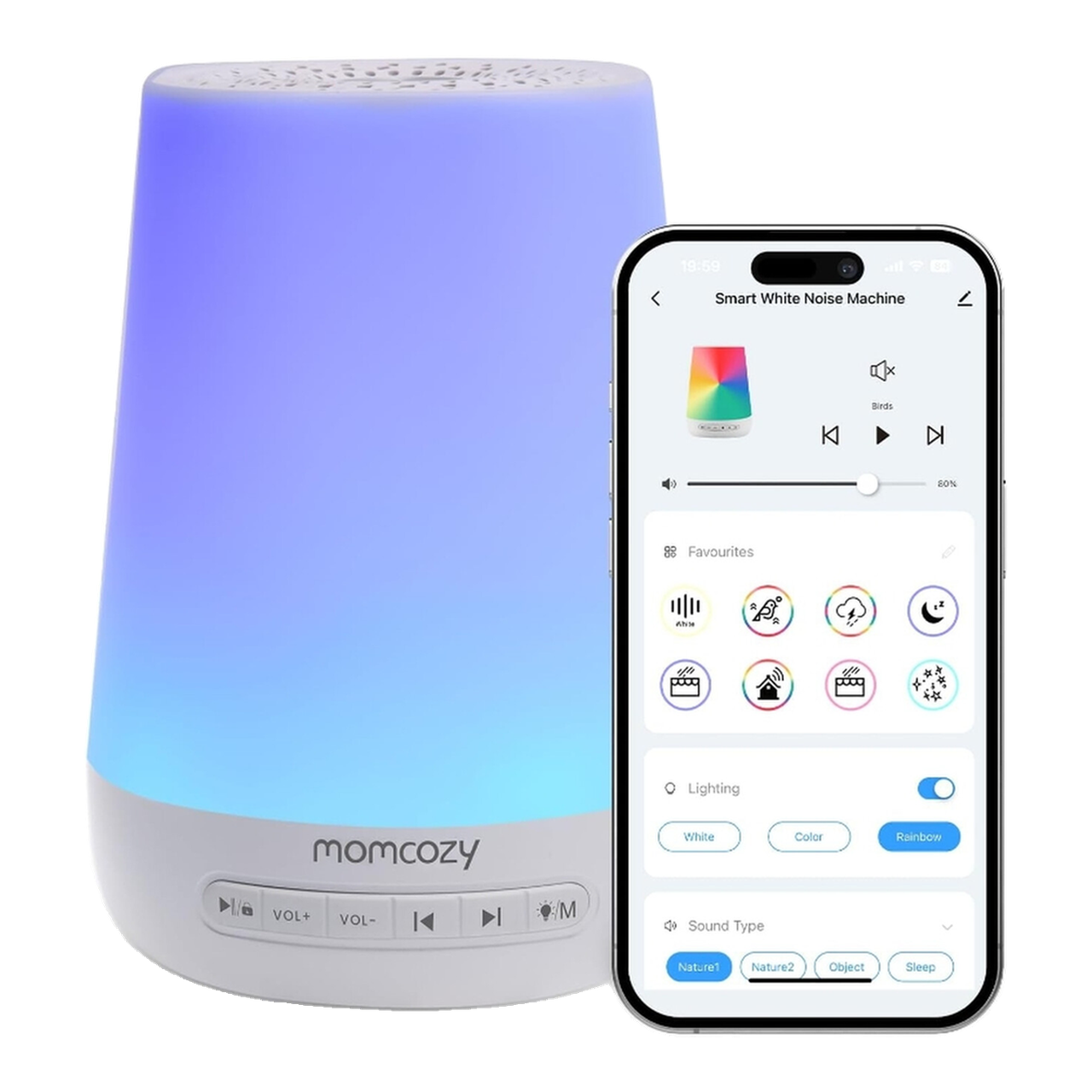 Momcozy Machine à sons, 34 Sons relaxants, Veilleuse 7 couleurs, Rechargeable USB avec Contrôle par application, Pour bébés, enfants et adultes, Cadeaux pour maman
