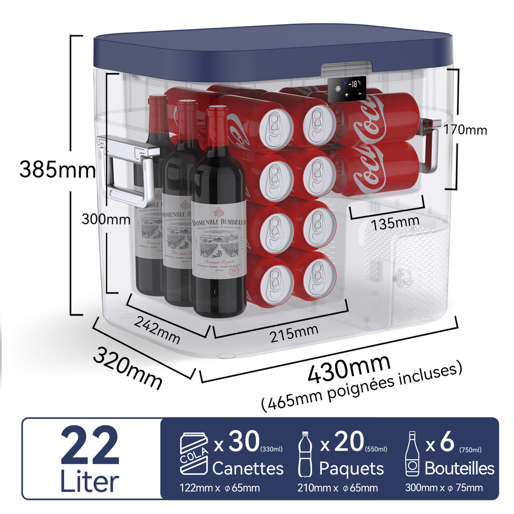 BINGI 22L Réfrigérateur Portable à Compresseur, Congélateur 12/24V DC pour Voiture avec Refroidissement Rapide, Mini Glacière Électrique pour Camion Camping Caravane Pique-nique Maison - Bleu