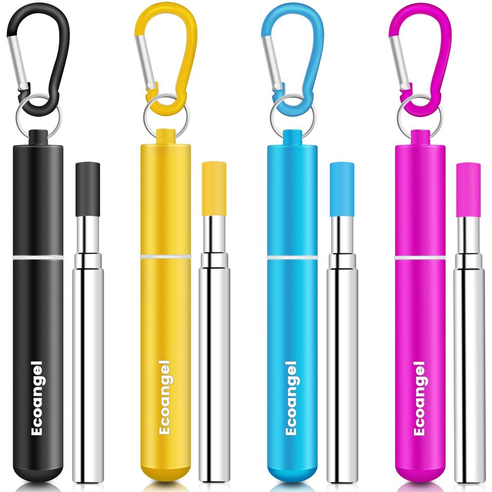 M&Co Lot de 4 pailles pliables réutilisables en acier inoxydable, Finition plaquée or, Conception portable, Brosse de nettoyage incluse, Goût neutre