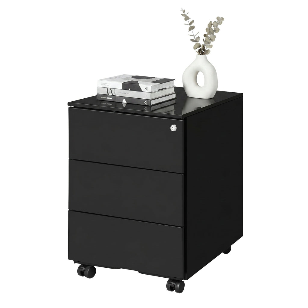 JOYFURNOS Armoire à dossiers mobile verrouillable noir mat – 3 tiroirs, préassemblée, rangement pour documents et fournitures, 39 x 45,1 x 53,8 cm – rangement compact pour bureau ou télétravail