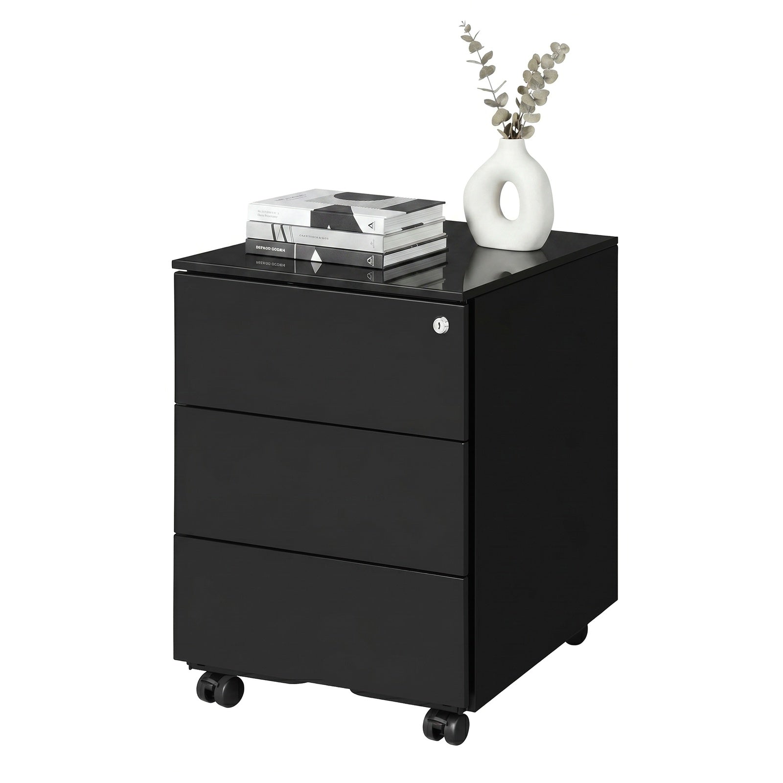 JOYFURNOS Armoire à dossiers mobile verrouillable noir mat – 3 tiroirs, préassemblée, rangement pour documents et fournitures, 39 x 45,1 x 53,8 cm – rangement compact pour bureau ou télétravail
