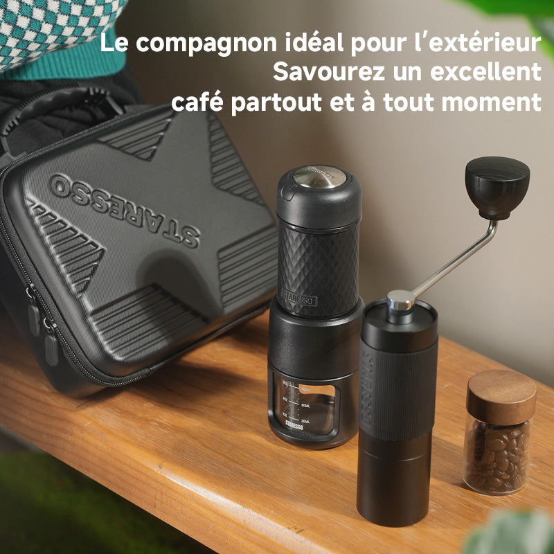 STARESSO Ensemble machine à espresso portable manuelle et moulin à café à meules avec sac de transport pour voyage, camping et randonnée