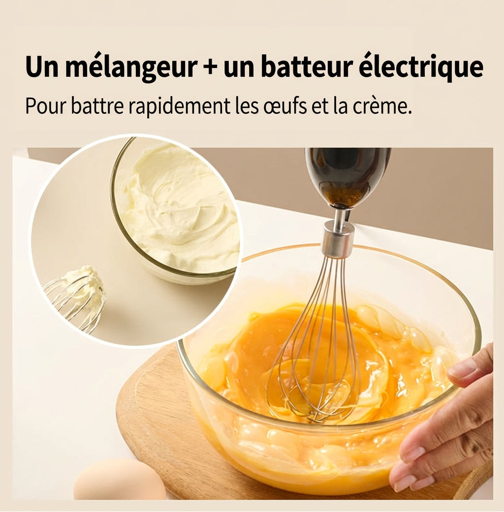 ochama Mixeur Plongeant 600W, 4-en-1 avec Fouet, Hachoir, 2 Vitesses, Monte Œufs et Crème, Nourriture Bébé, Soupe, Purées, Amovible et Facile à Nettoyer, Bol 500ml + Gobelet Doseur 800ml