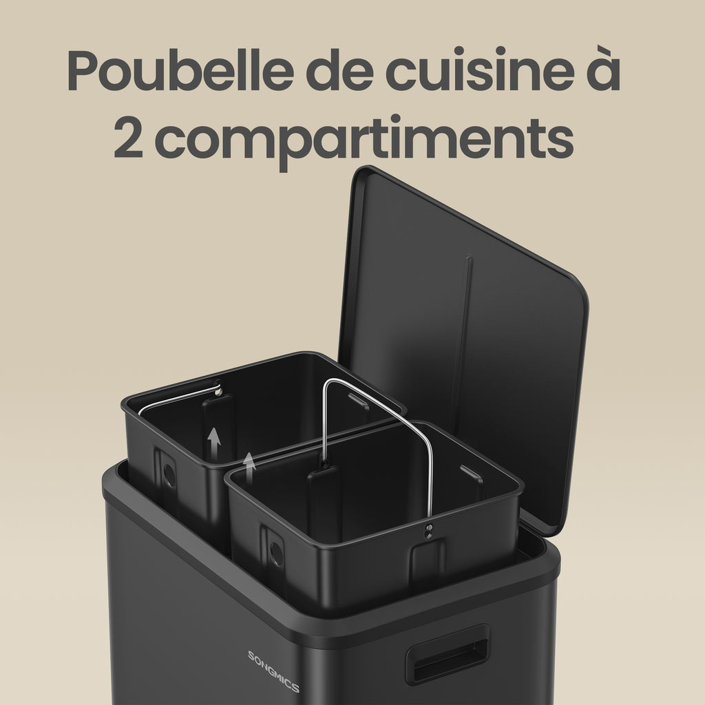 JOYFURNOS Poubelle de cuisine à 2 compartiments avec couvercle à fermeture douce, poubelle de recyclage en acier avec seaux intérieurs et pédale large, noir