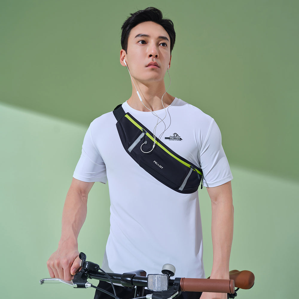 PELLIOT Sac banane Unisexe Sport Extérieur Mains Libres Pratique – Contraste saisissant avec des accents verts fluorescents, Noir obsidienne