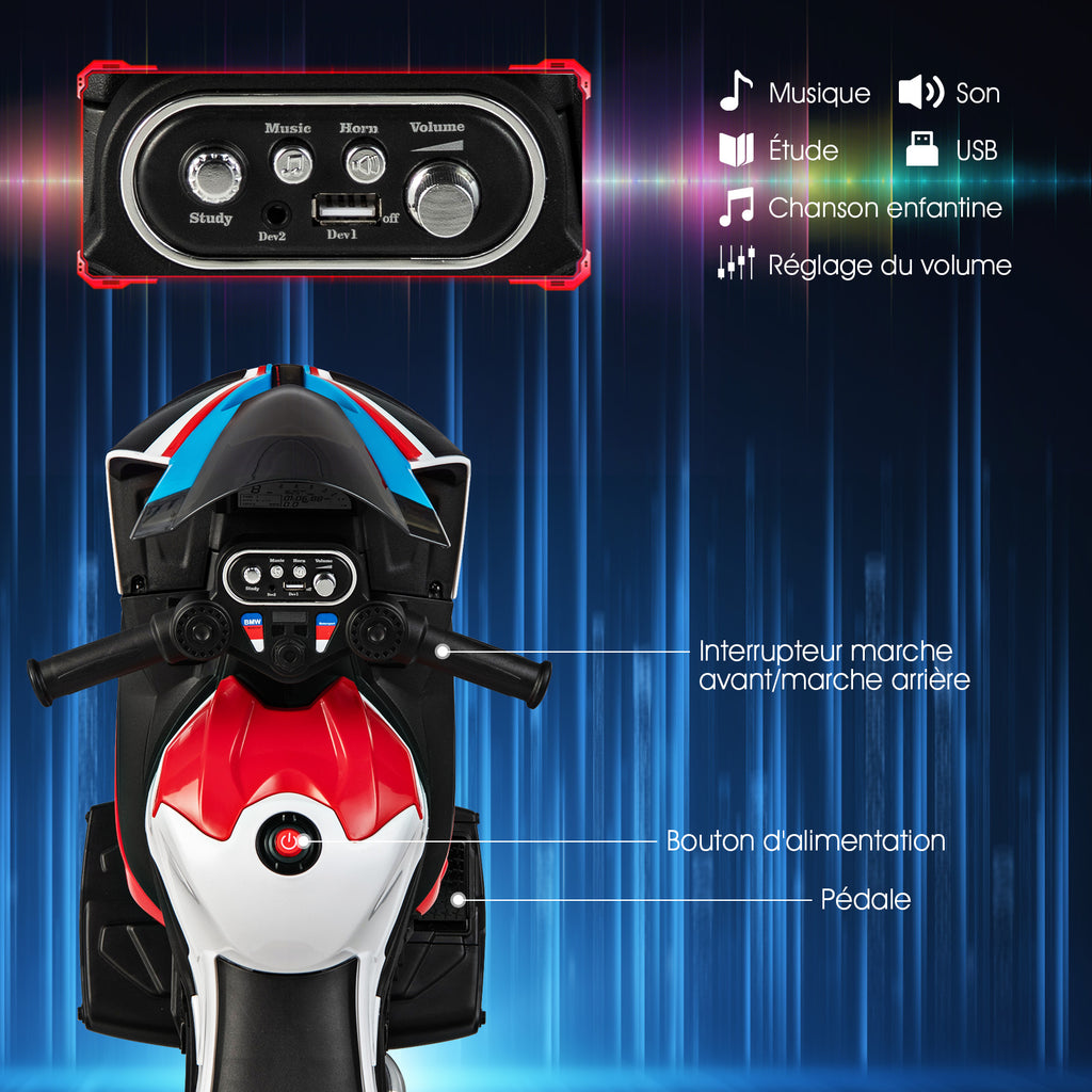 Moto électrique 6 V avec musique et phare avant, moto tricycle, dimensions 82,5 × 42 × 54 cm, rouge