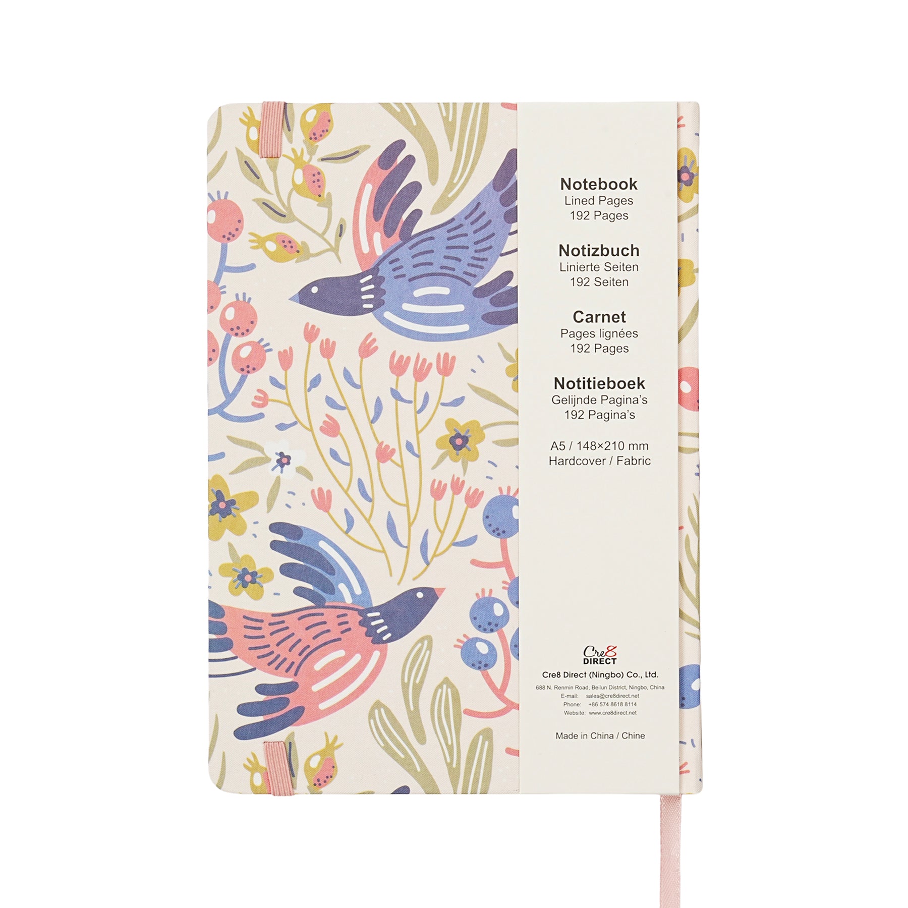 Jubiluu Carnet ligné A5 à couverture rigide en tissu floral, 96 feuilles papier offset 100 g, marque-page et bande élastique, journal ligné crème classique pour écriture, école