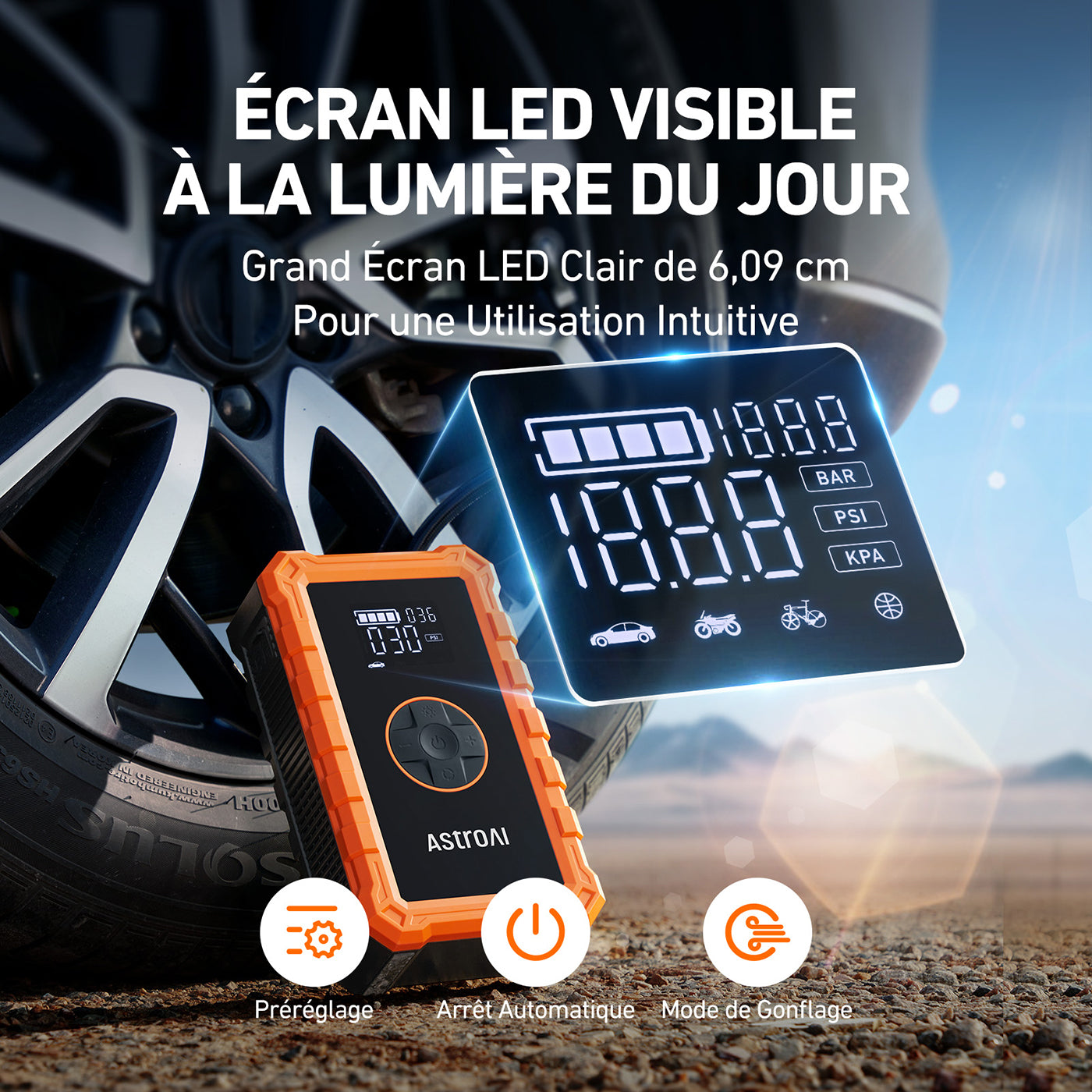 ASTROAI S8 Air Jump Starter avec compresseur d’air, démarrer de voiture portable 1500 A (6,0 L essence/3,0 L diesel), gonfleur de pneu sans fil 150 psi avec arrêt automatique