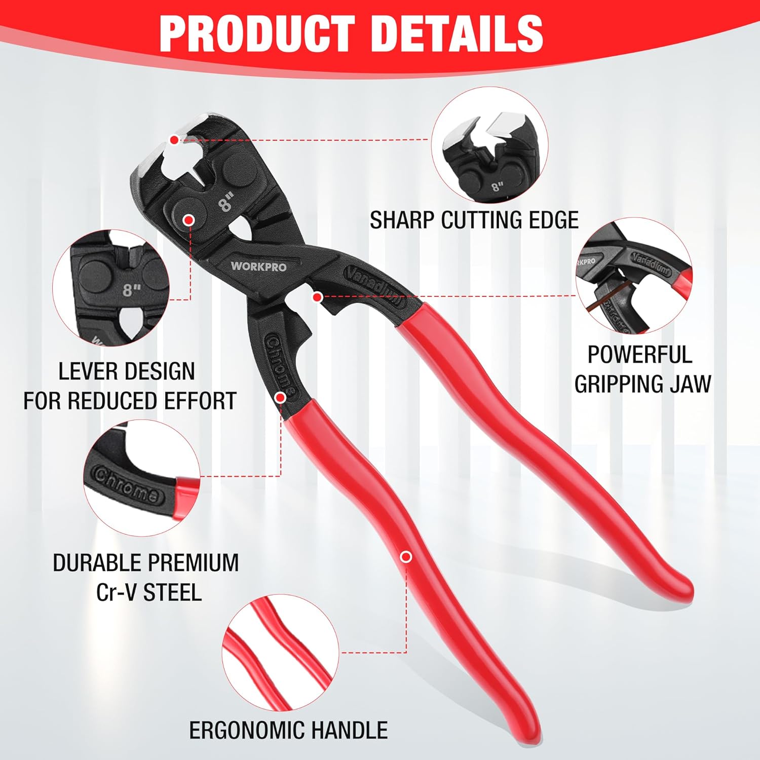 WORKPRO Pince universelle à couper multifonction, robuste, à long manche, avec extracteur de clous, 205 mm