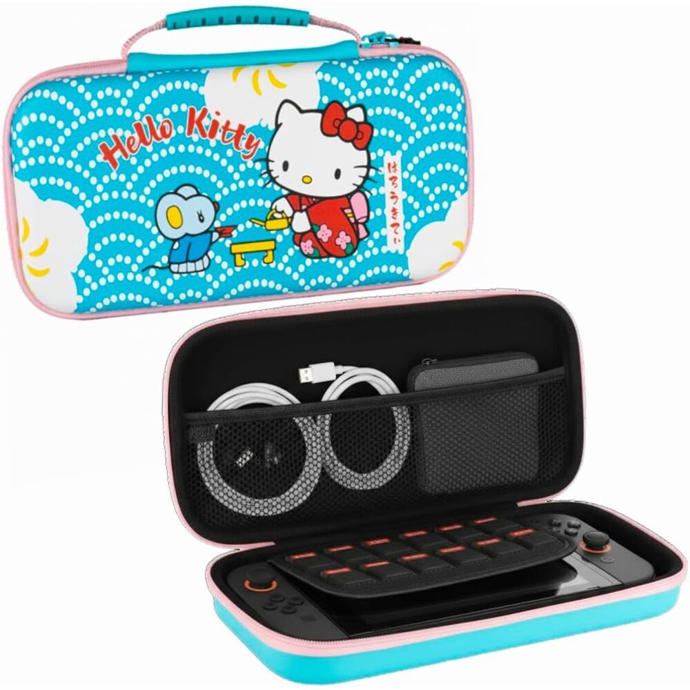 Konix Hello Kitty Housse de protection et transport console Nintendo Switch 2 - Filet rangement accessoires - 8 compartiments jeux - Motif thé - Bleu