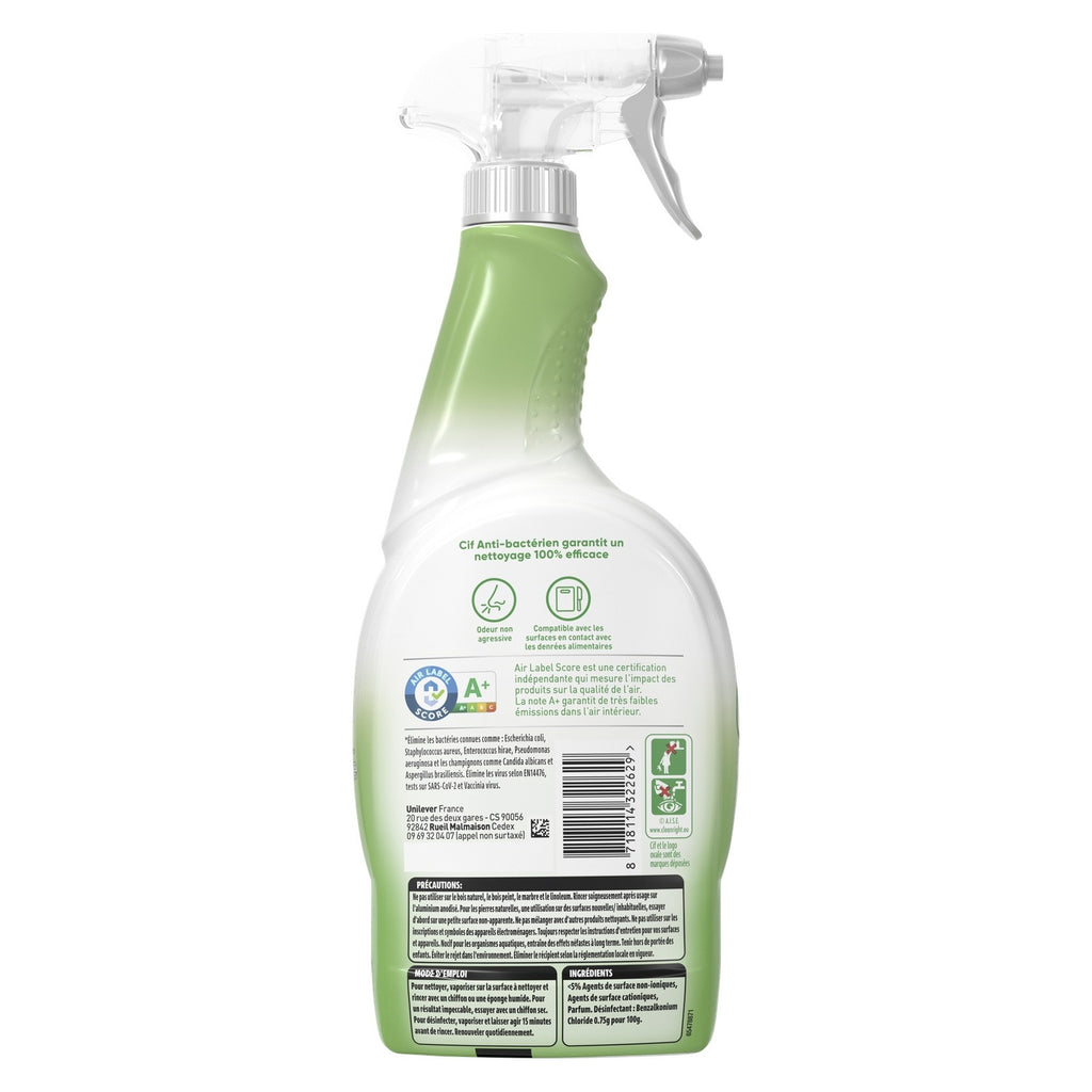 Cif Spray Nettoyant Multi-Usages Antibactérien, Sans Javel, Élimine 99,9 % des Bactéries et des virus, Qualité Alimentaire, 750 ml