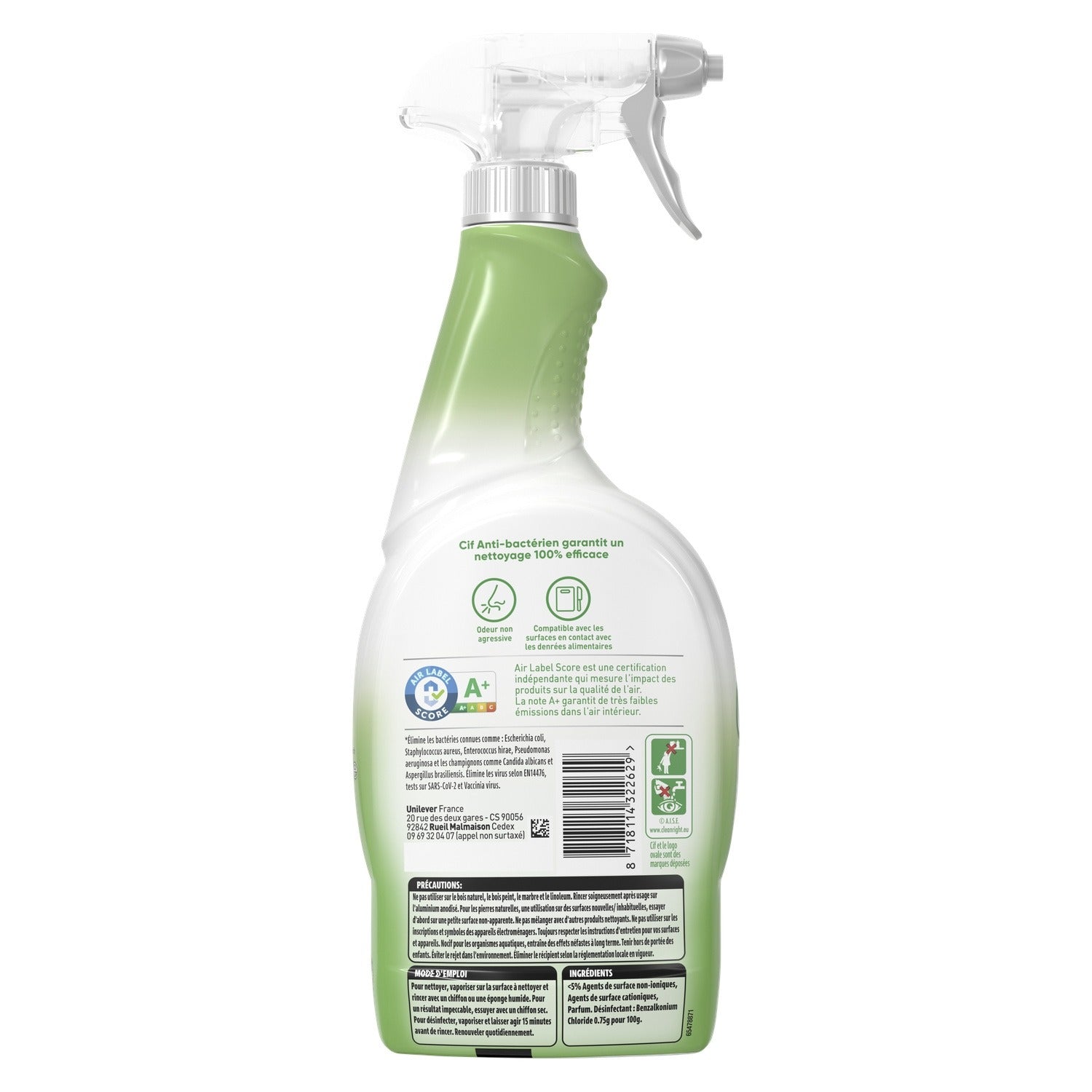 Cif Spray Nettoyant Multi-Usages Antibactérien, Sans Javel, Élimine 99,9 % des Bactéries et des virus, Qualité Alimentaire, 750 ml