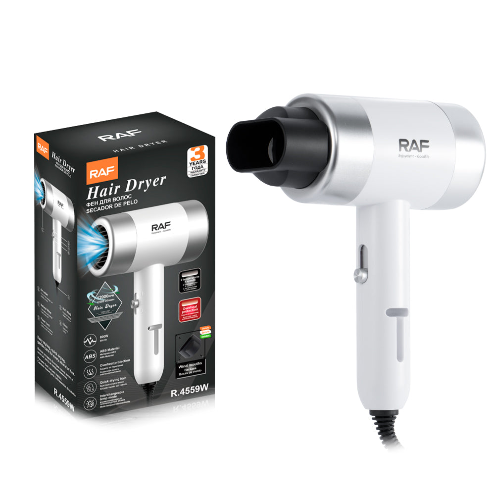 RAF Sèche-cheveux 800 W, séchage rapide 12 000 tr/min, protection contre la surchauffe, ABS, modes de température interchangeables, style salon professionnel pour la maison