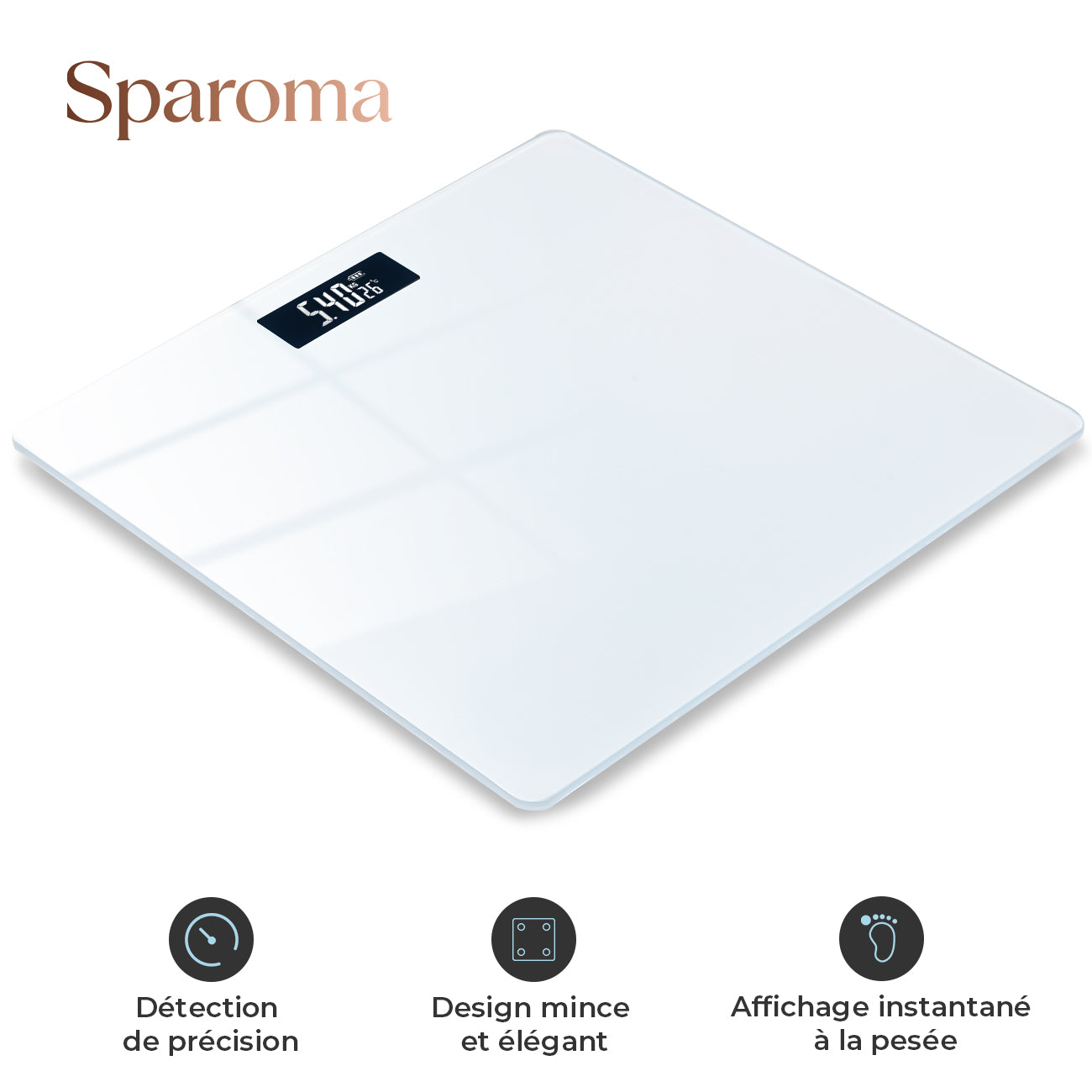 Sparoma AD-26 Pèse-personne électronique avec capacité de 180 kg, haute précision de 0,05 kg, verre trempé de 4 mm et écran LCD, blanc - Alimenté par 2 piles AAA (piles non incluses)