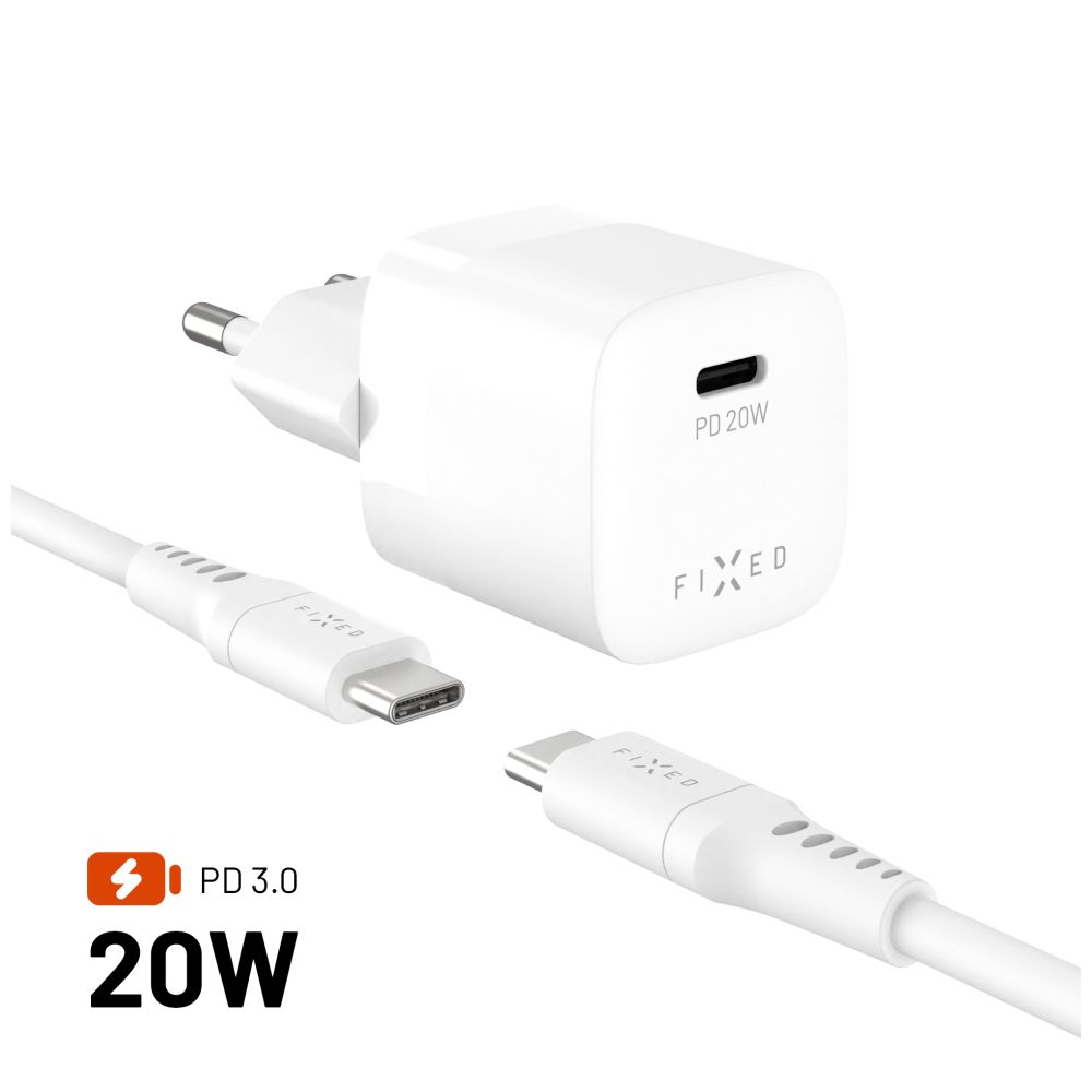 FIXED Chargeur de voyage mini 20 W + câble USB-C vers USB-C, Blanc
