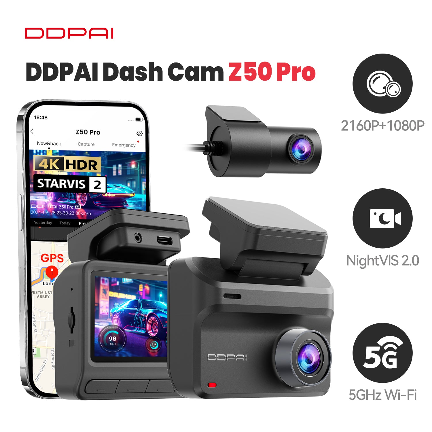 Caméra embarquée DDPAI Z50 Pro avant et arrière 4K+1080P, caméra de voiture, Wi-Fi 6 5G et GPS intégrés, écran 3", vision nocturne super, prise en charge ADAS