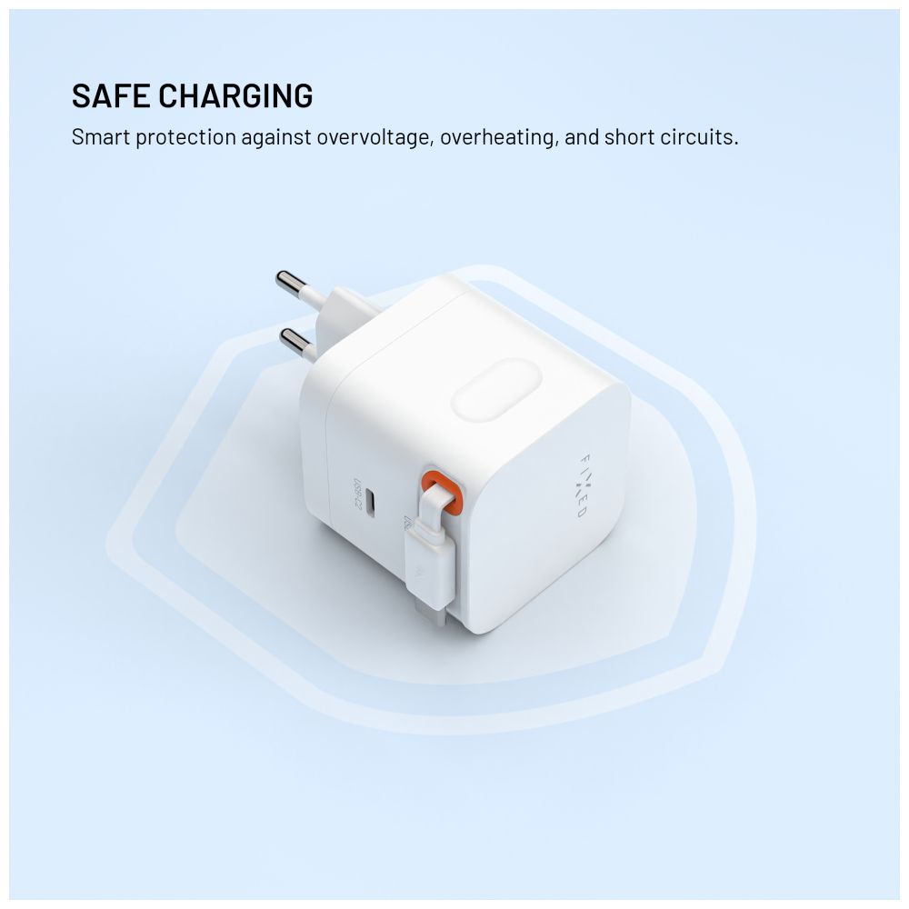 FIXED Chargeur de voyage GaN 65W avec câble rétractable, double USB-C, Charge Rapide PD 3.0, Blanc
