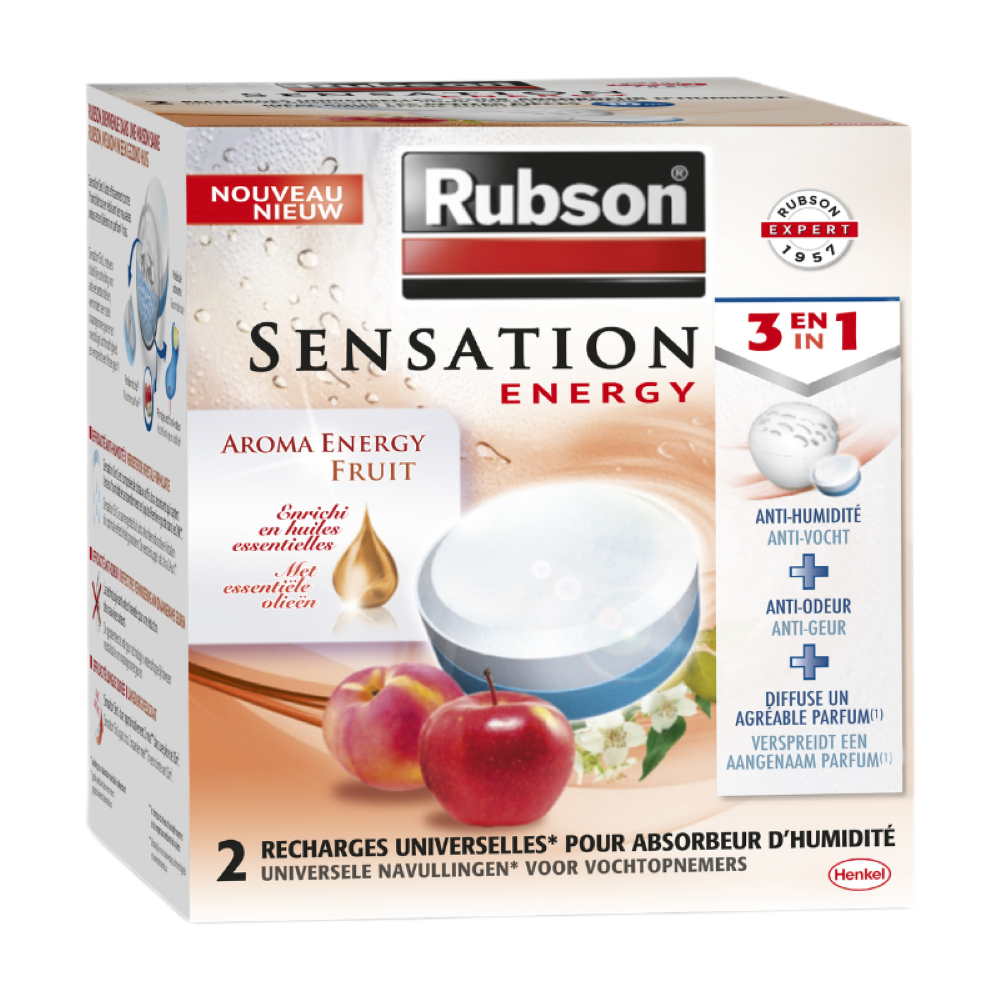 Henkel Rubson Sensation Relax Recharges universelles pour absorbeur d'humidité parfum Fruité (2 x 300 g) – Recharges 3 en 1 anti-humidité, anti-odeur et agréable parfum