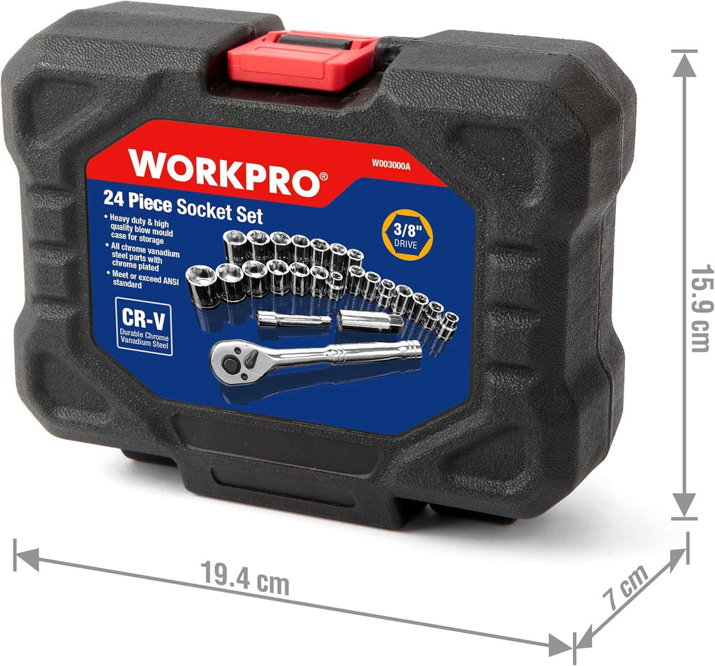 WORKPRO Jeu de douilles 24 pièces avec clé à cliquet 3/8", 11 douilles métriques et 10 douilles SAE, barre d'extension, jeu de clés à cliquet pour bougies d'allumage, clés mixtes