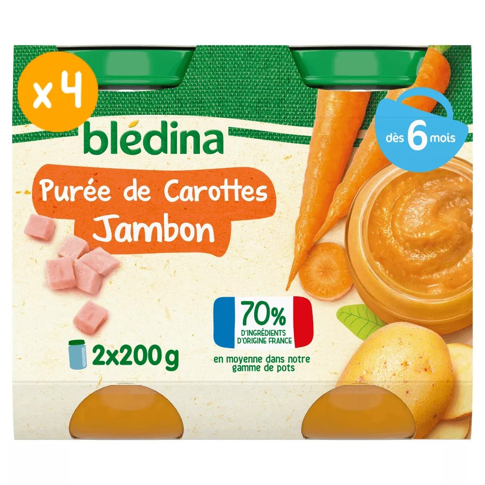 BLEDINA Pot salés de purée de carottes jambon dès 6 mois 2x200g
