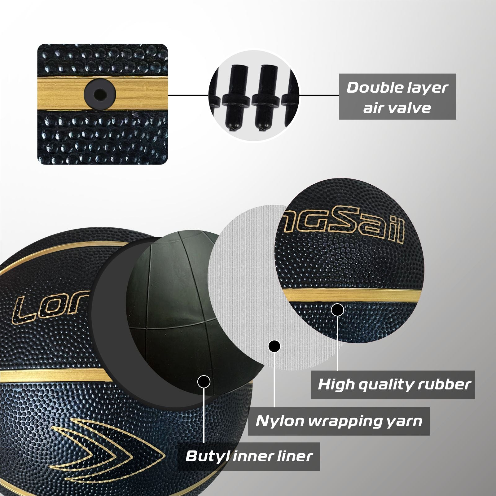 LONGSAIL Ballon de basket-ball en caoutchouc haute qualité (29,5 po) Taille 7 Noir/Or