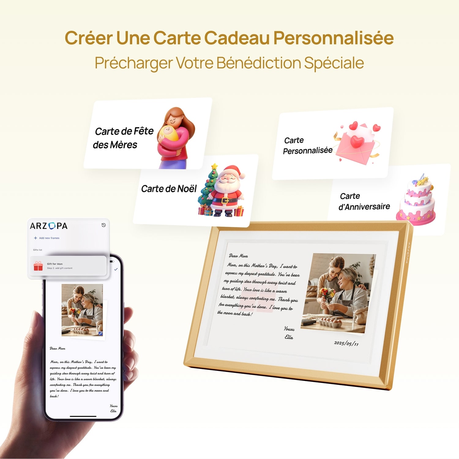 ARZOPA D10 Cadre photo numérique en métal 10,1 pouces, Stockage cloud gratuit, Cadre photo Wi-Fi, Écran tactile HD numérique, Sans abonnement, Partage photos vidéos, Carte de vœux individuelle à offrir en cadeau - D10 Or