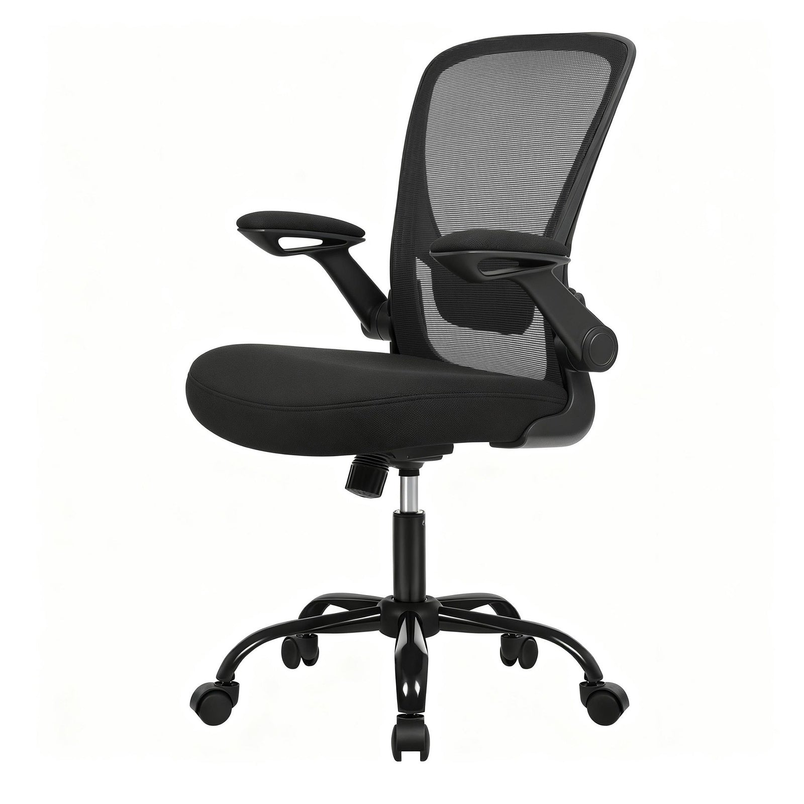 JOYFURNOS Fauteuil ergonomique en tissu noir d’encre – 60×64×（103-110）cm, soutien lombaire rembourré, accoudoirs relevables, mécanisme à bascule – idéal pour le bureau à domicile