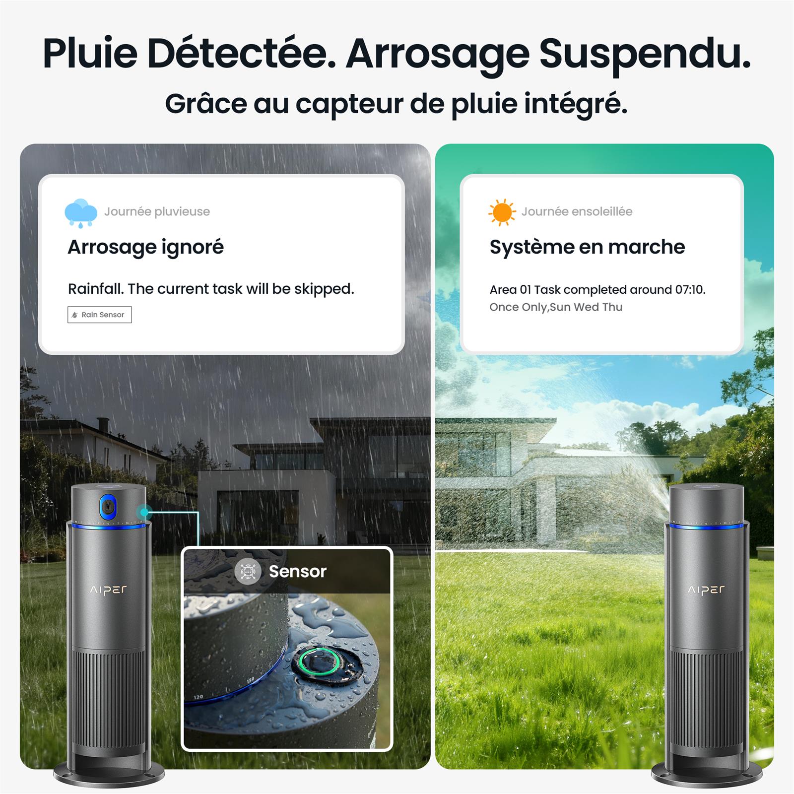 Aiper Offre exclusive IrriSense 2 Système d’irrigation intelligent Appareil d’irrigation multizone 3-en-1 avec contrôle par application Programmation intelligente et capteur de pluie