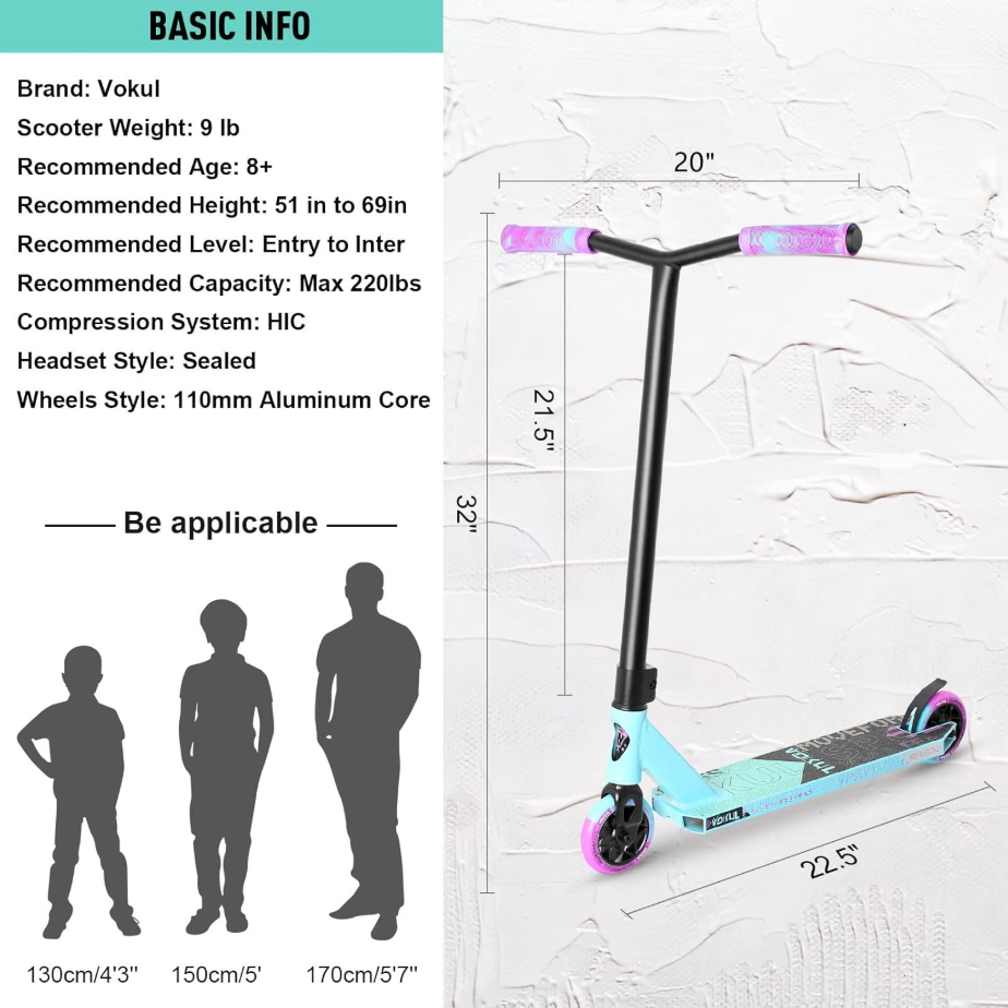 VOKUL K1 Pro Trottinette freestyle pour enfants à partir de 8 ans, adolescents et adultes - Violet/Bleu