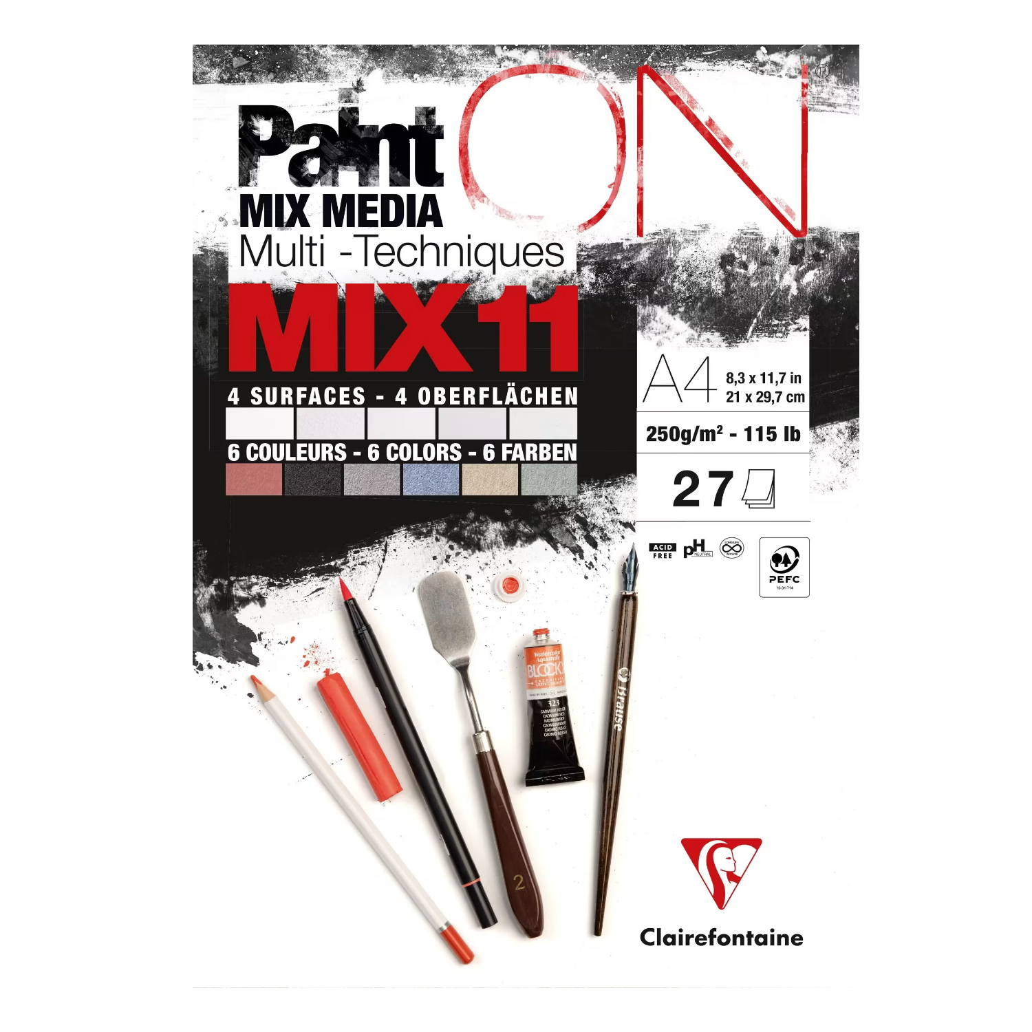 CLAIREFONTAINE PaintON MIX11 - Bloc de 27 feuilles assorti (3 x 5B + 2 x 6C) - A4, 250 g/m²