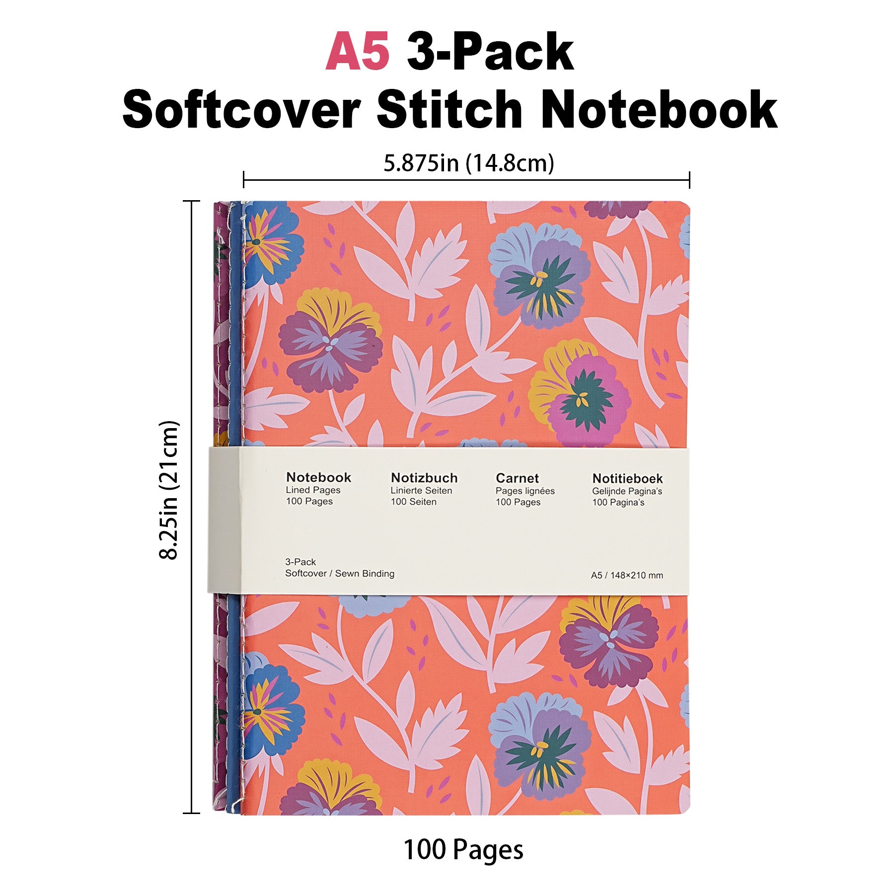 Jubiluu Lot de 3 carnets cousus A5 à couverture souple - 50 feuilles (papier offset 80 g) - Journal ligné crème classique pour école, bureau
