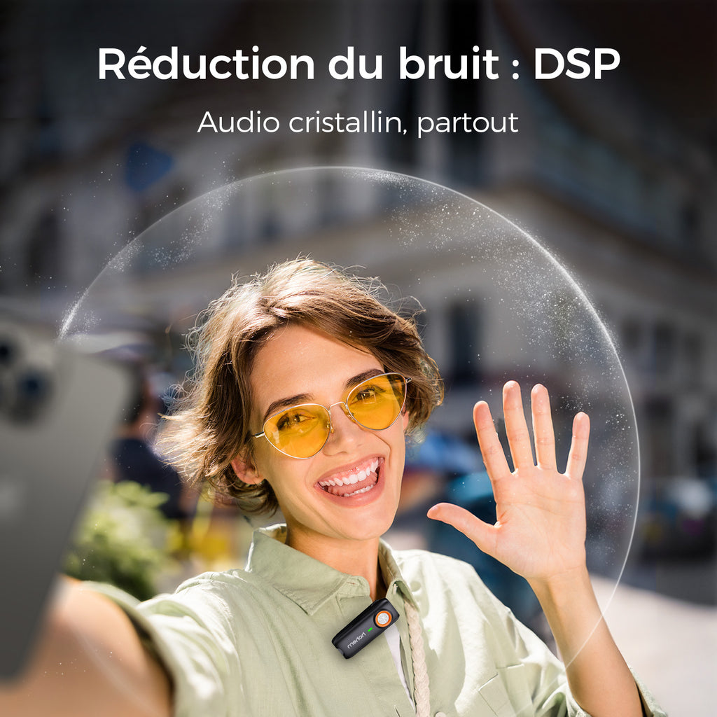 hohem Micro-cravate sans fil, Réduction de bruit DSP 3 niveaux, Portée 100 m, Autonomie 20 h, Déclencheur à distance, Enregistrement de sauvegarde TF
