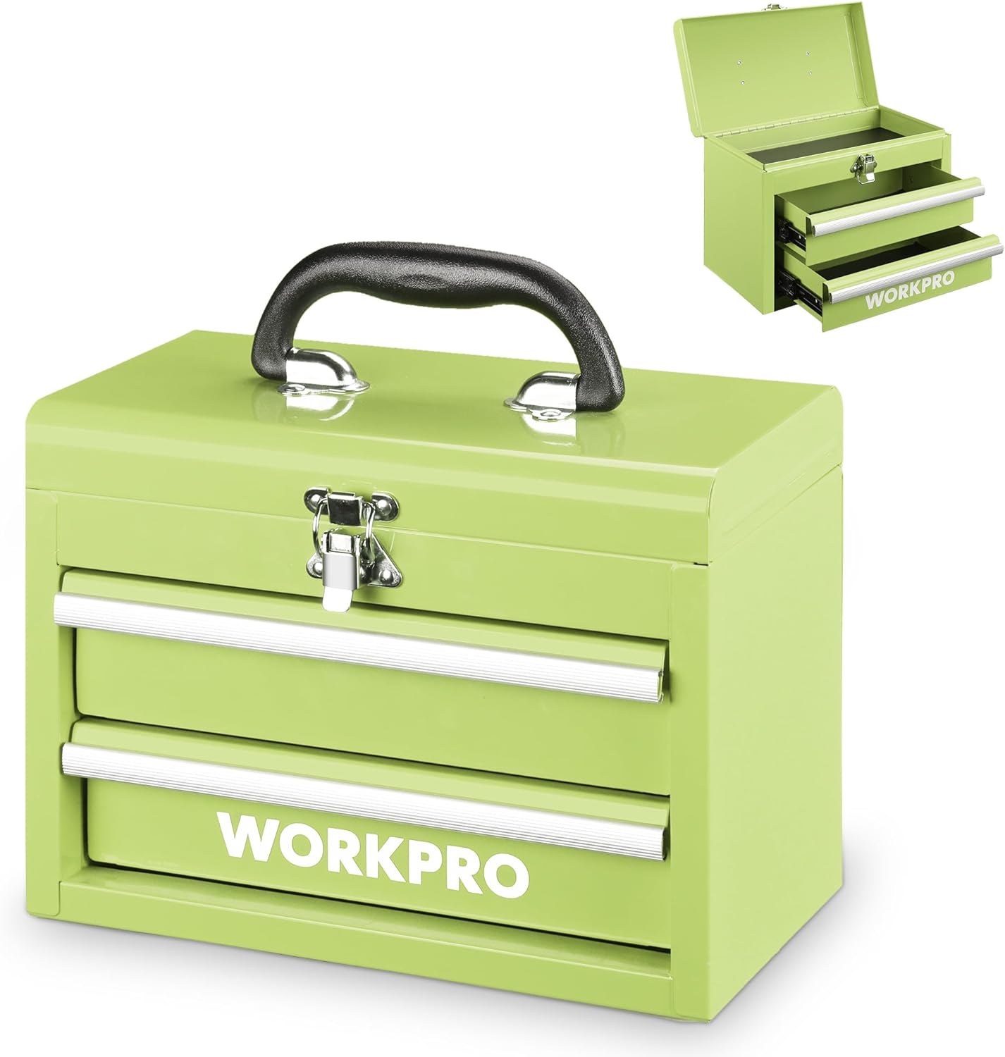 WORKPRO Boîte à outils mini portable en métal, 2 tiroirs, 10,8 x 5,9 x 8,2 pouces - Vert macaron