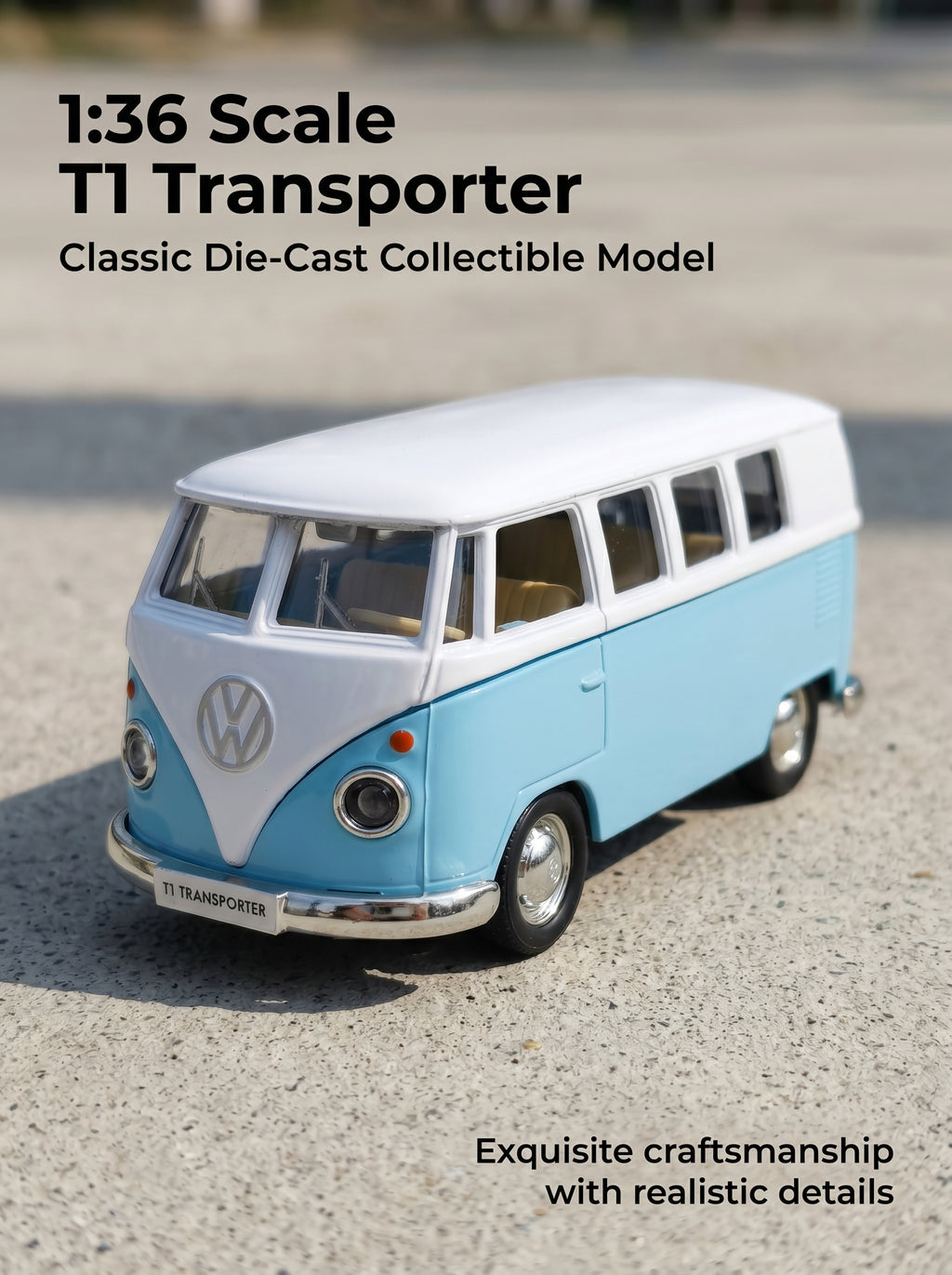 Modèle réduit 1:36 Volkswagen T1 – Bleu, portes ouvrantes, action à recul, voiture miniature moulée sous pression – jouet pour enfants, cadeau pour garçons, pièce de collection à exposer