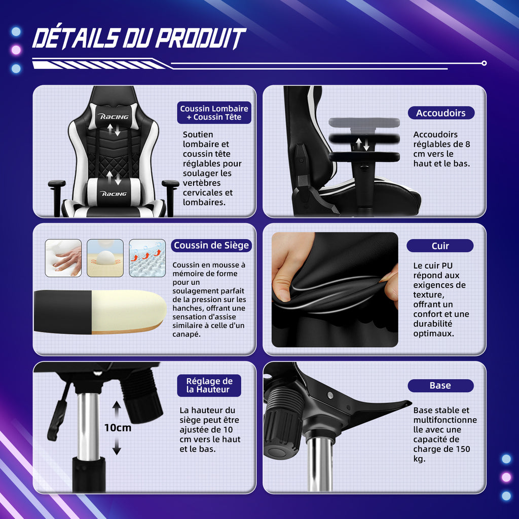 GTIMEX Chaise de bureau ergonomique avec soutien lombaire réglable, appuie-tête et accoudoirs, chaise de jeu rembourrée, fonction d'inclinaison, capacité de charge de 150 kg