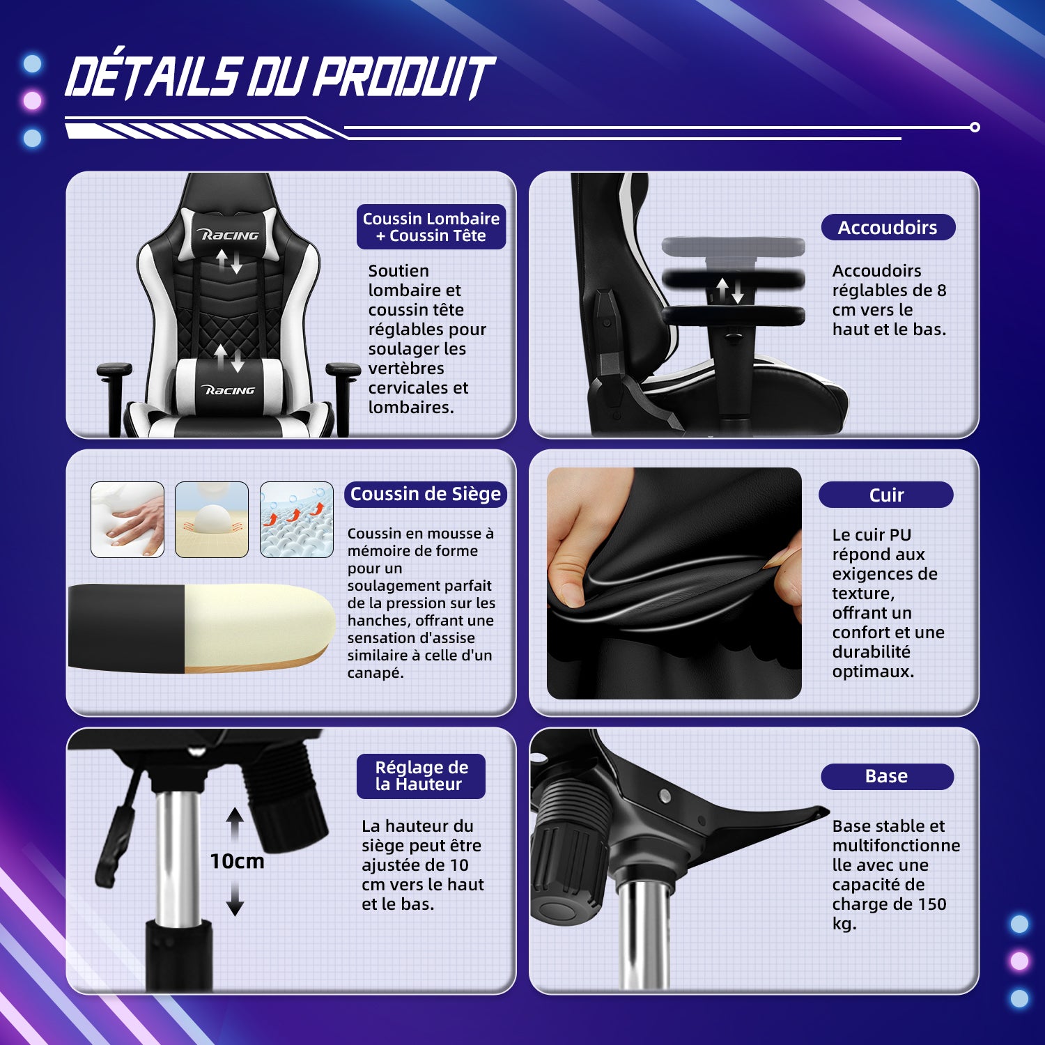 GTIMEX Chaise de bureau ergonomique avec soutien lombaire réglable, appuie-tête et accoudoirs, chaise de jeu rembourrée, fonction d'inclinaison, capacité de charge de 150 kg