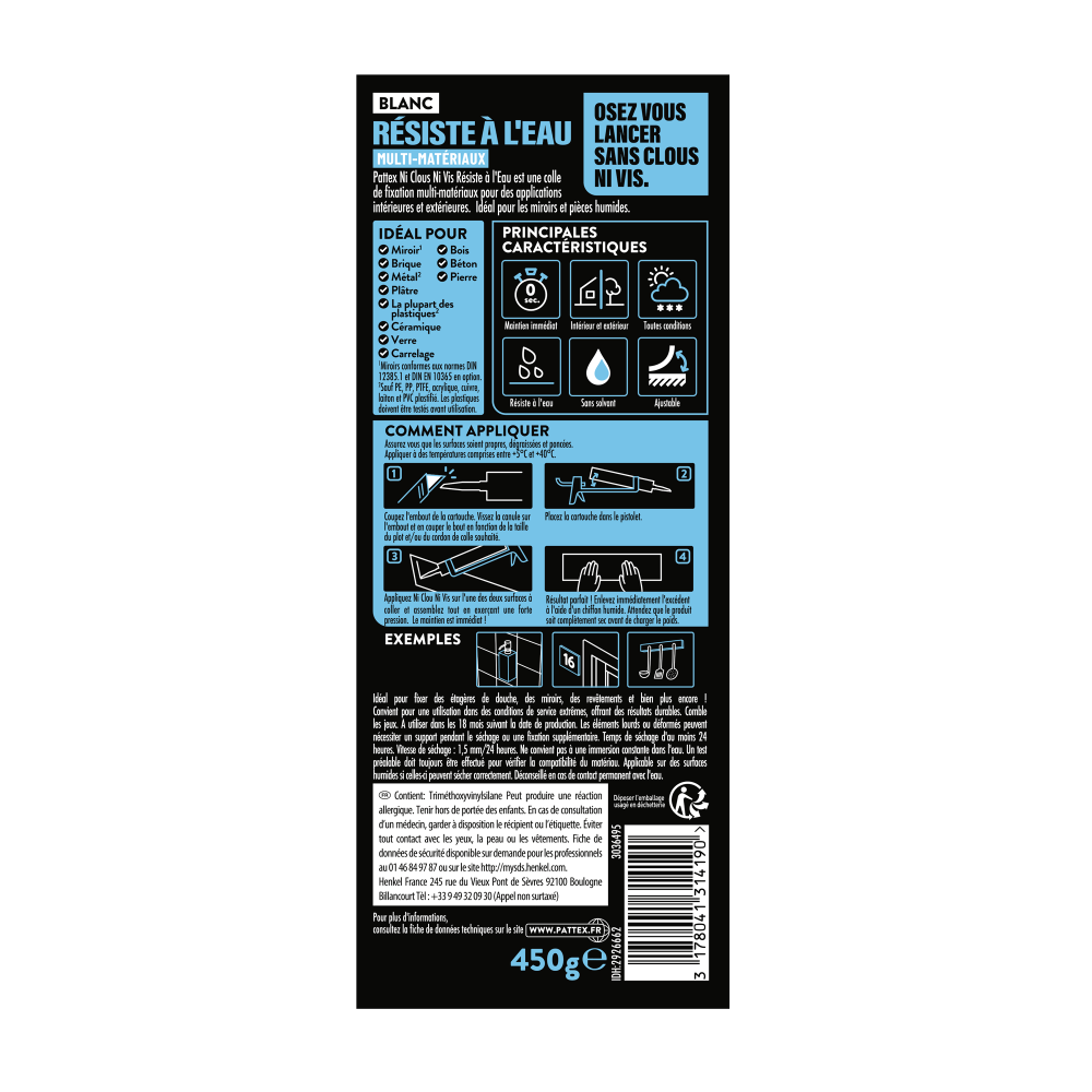 Henkel Pattex | Colle Ni Clou Ni Vis Résiste à l'Eau (cartouche de 450 g) – Colle de fixation pour intérieur & extérieur – Mastic blanc maintien immédiat, résistant à l’eau