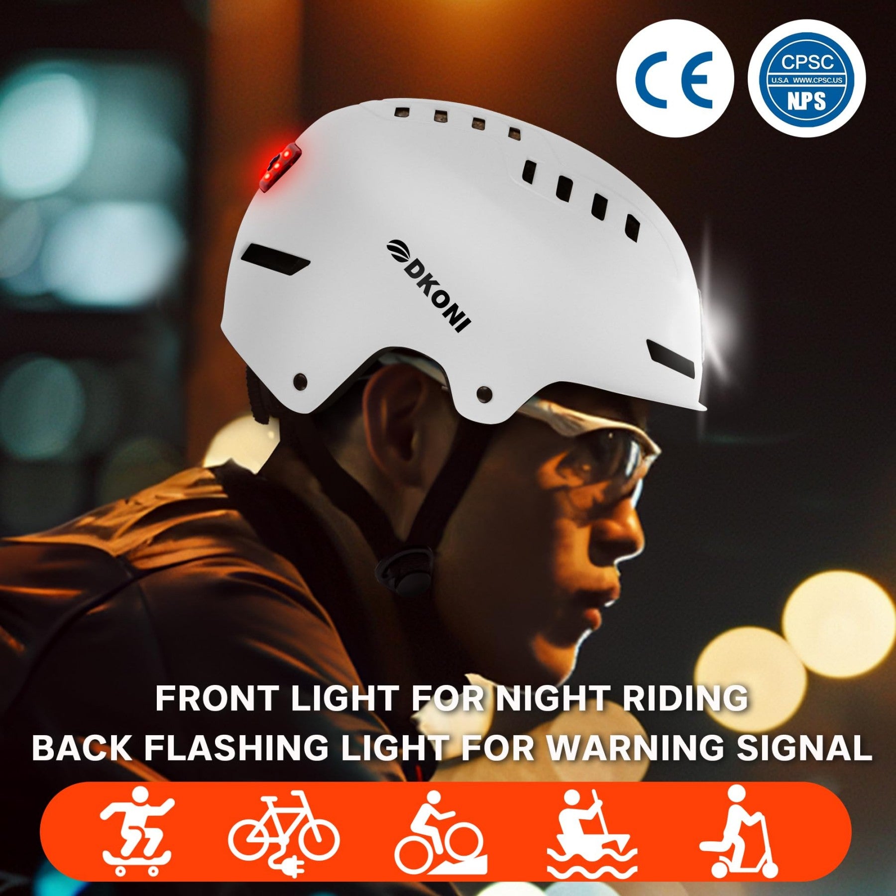 DKONI HS-158 Casque de vélo adulte rechargeable USB avec éclairage avant et arrière Pour hommes et femmes Blanc S 48-55 cm