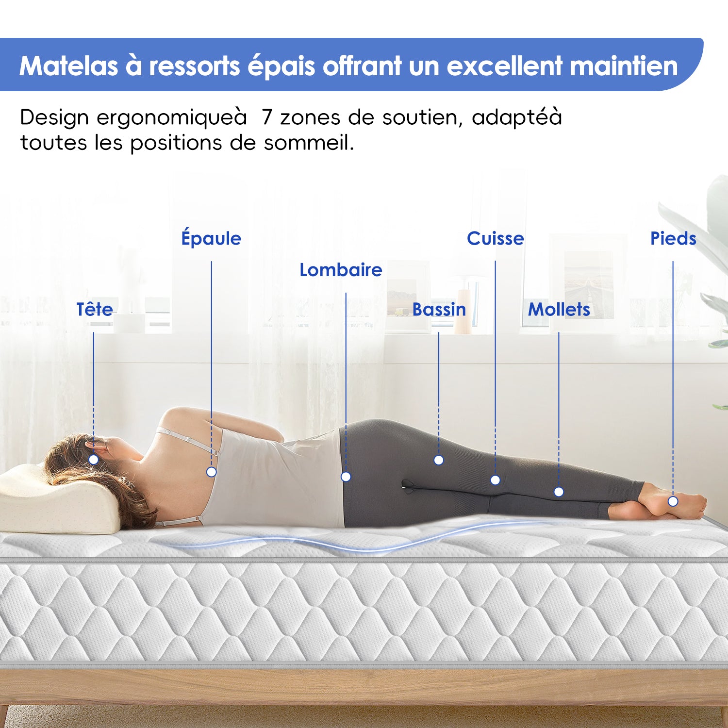 GTIMEX Matelas à ressorts ensachés 140 x 200 cm 7 zones hauteur 22 cm fermeté élevée H3 avec drap-housse