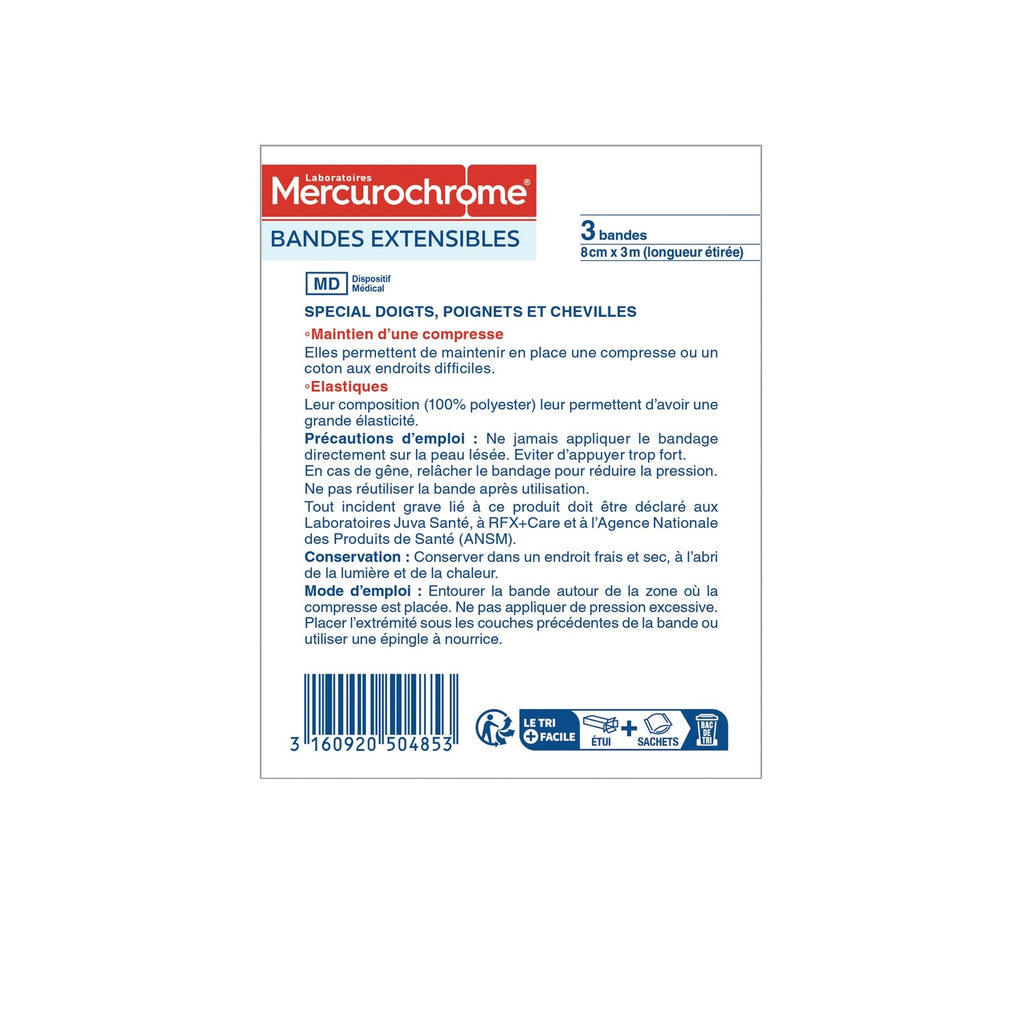 MERCUROCHROME Bandes Maintien Compresse Lavable Elastique Spécial Doigts Poignets et Chevilles X3