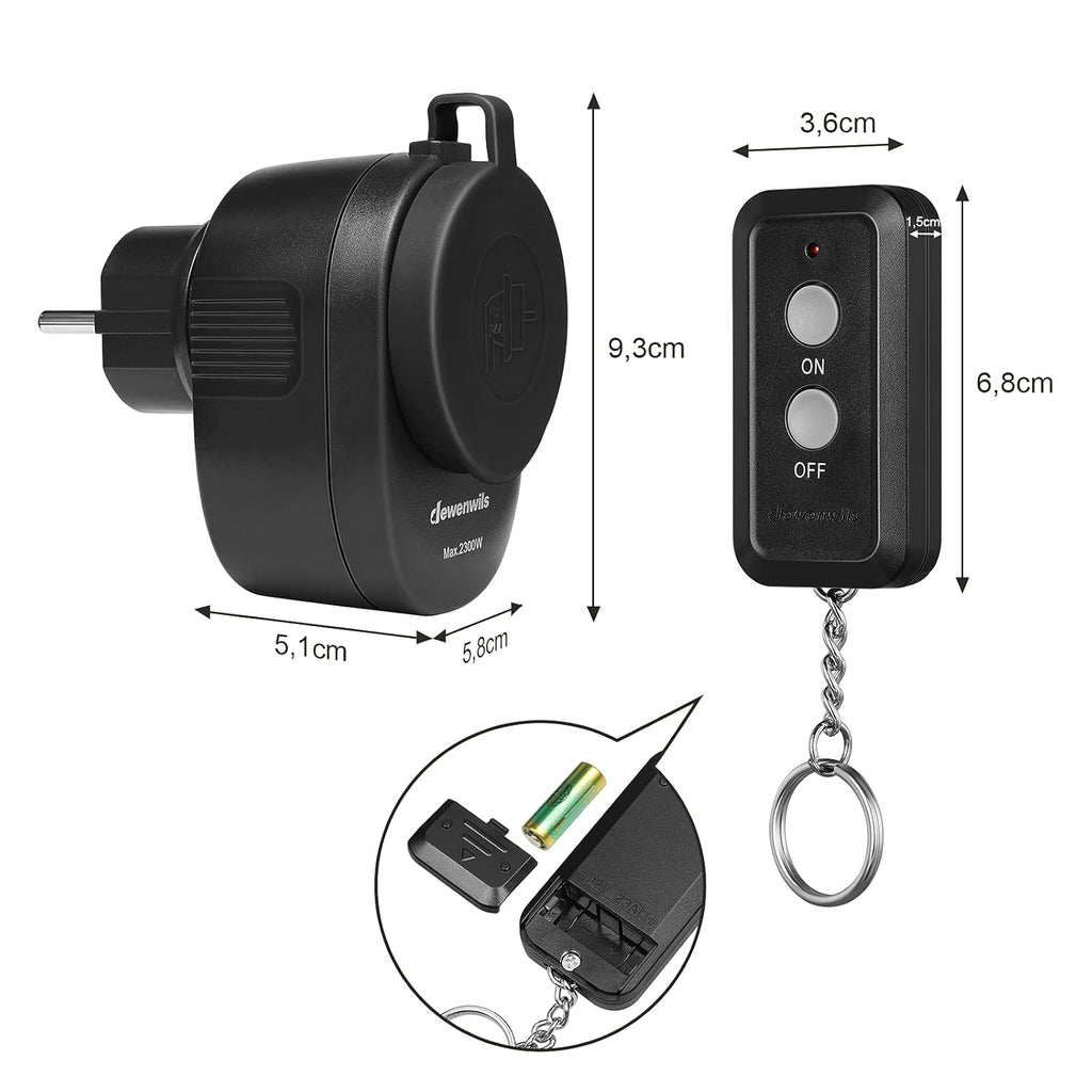 DEWENWILS Prise télécommandée extérieure, prise sans fil étanche IP44, 2300 W, portée 30 m, préprogrammée